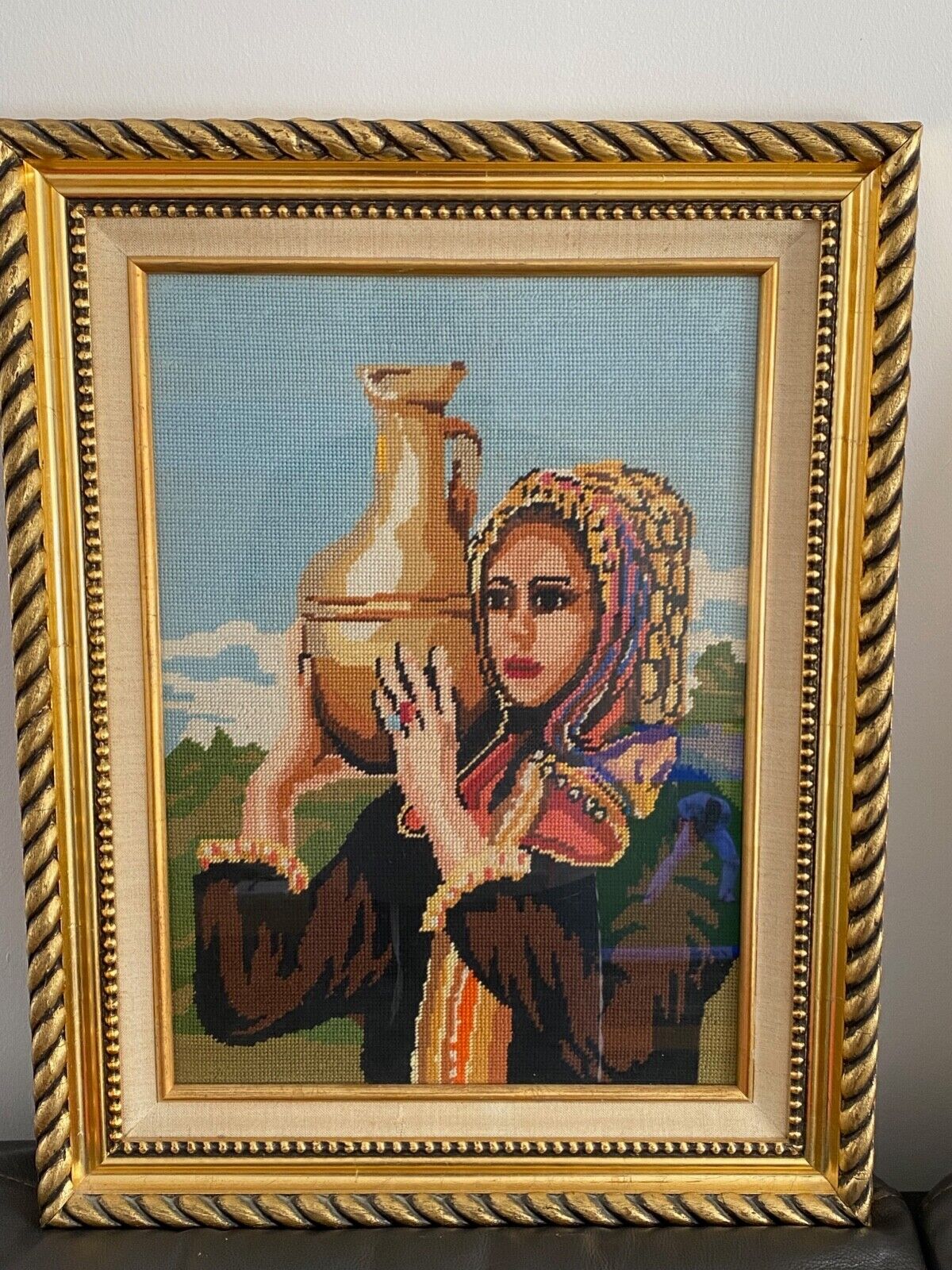 Vintage Gold Framed Tapestry Lady Carrying a Pot - 60x46cm