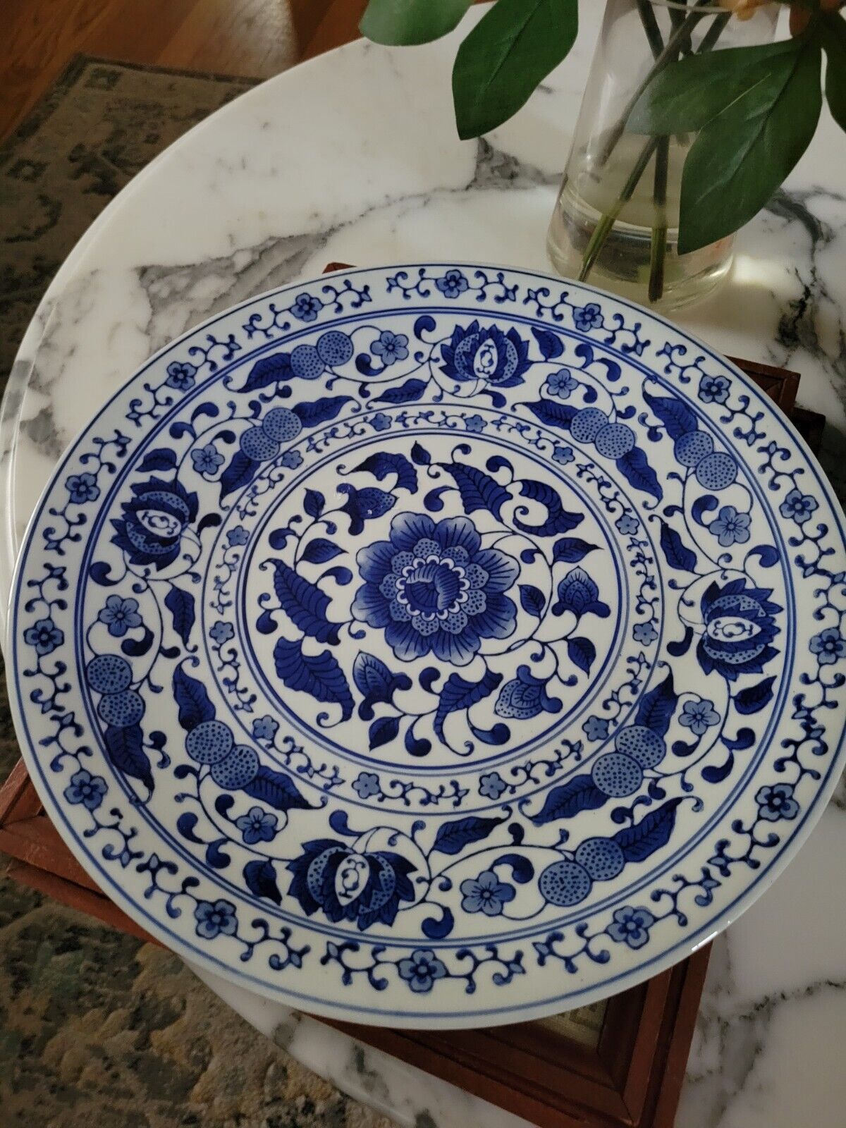Antique Chinese large 12.5" charger plate porcelain blue and white floral