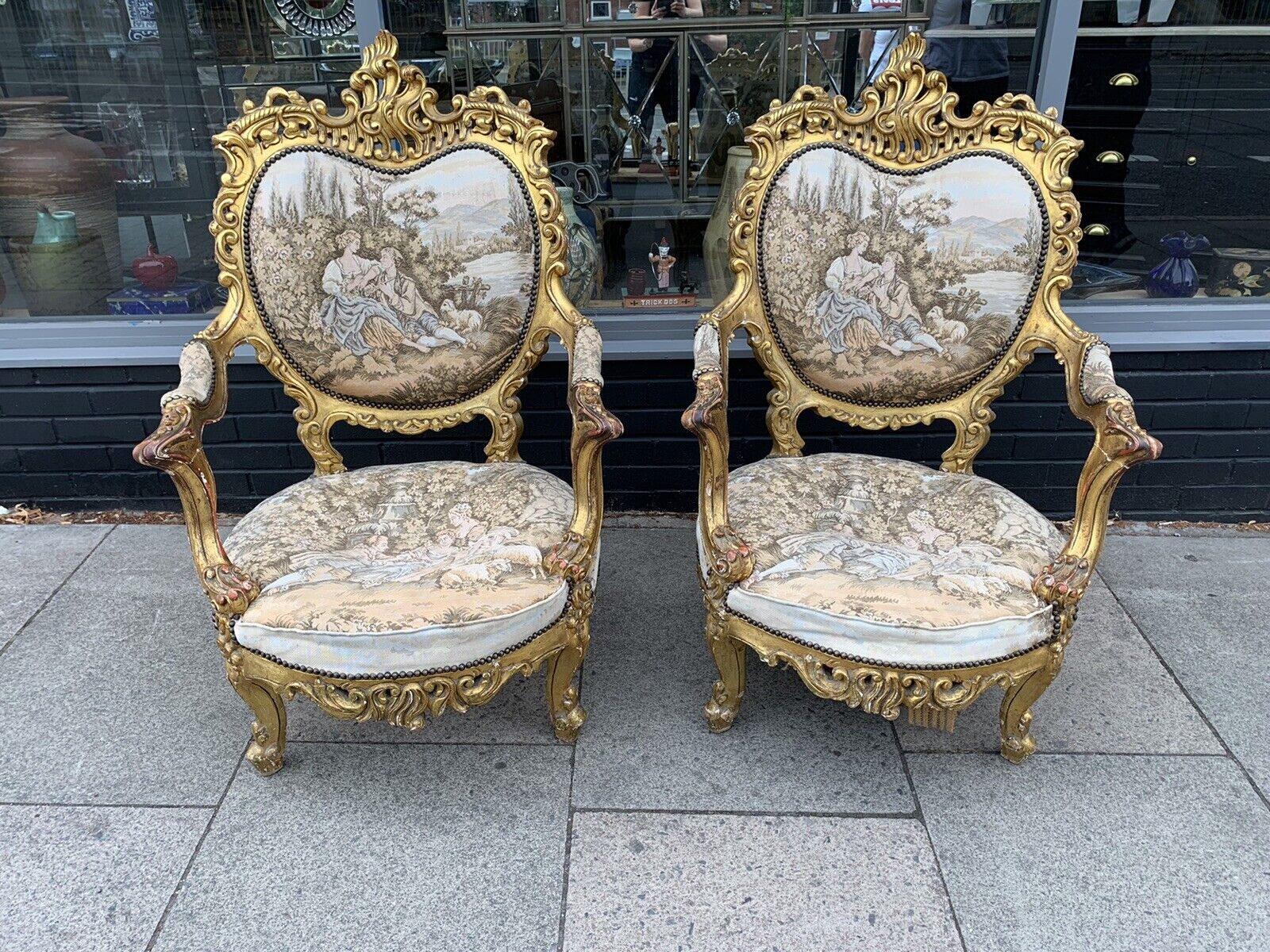 Pair Of Gold Antique Tapestry￼ French Baroque Chairs Horse Hair Filled