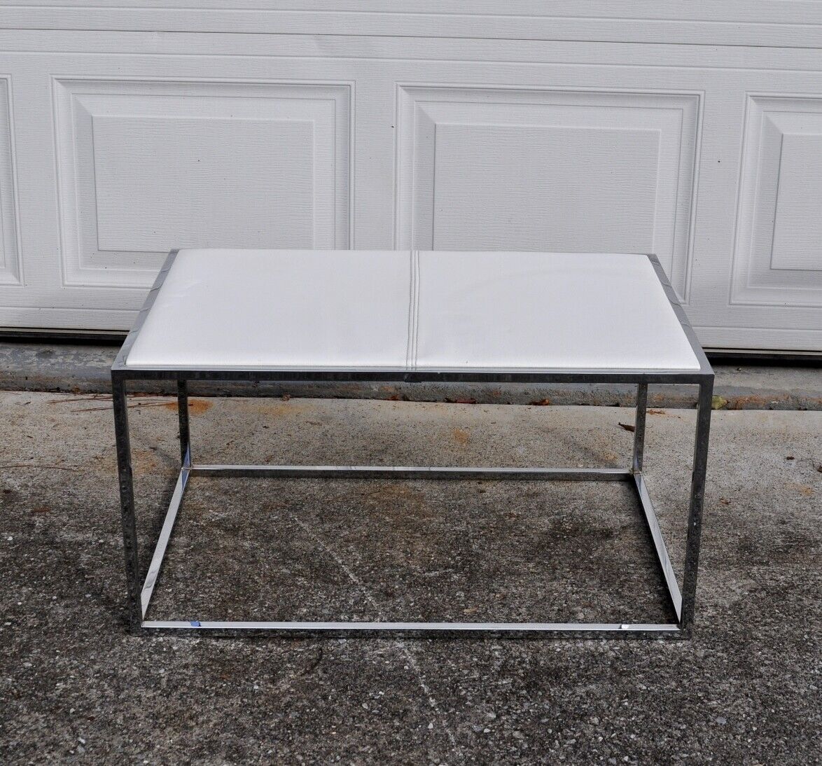 Mid Century Modern Chrome Side Table, White Leatherette, Atomic Retro