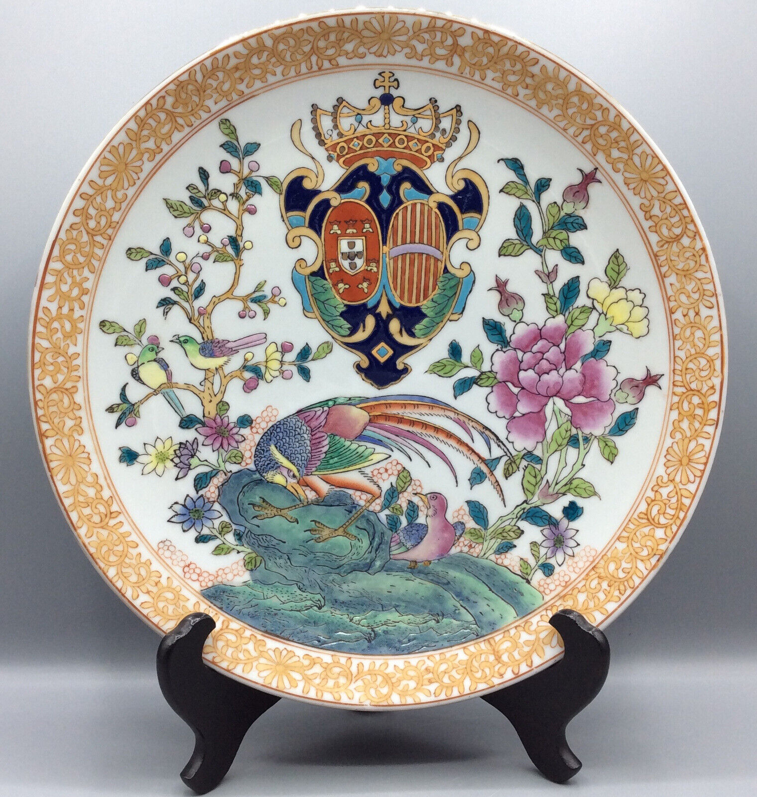 Vintage Chinese Armorial Famille Rose Phoenix Plate Qianlong Mark