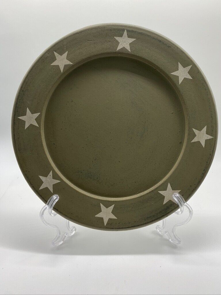 Repro Distressed Wooden Green Country PrimitivePlate Decor Charger White Stars