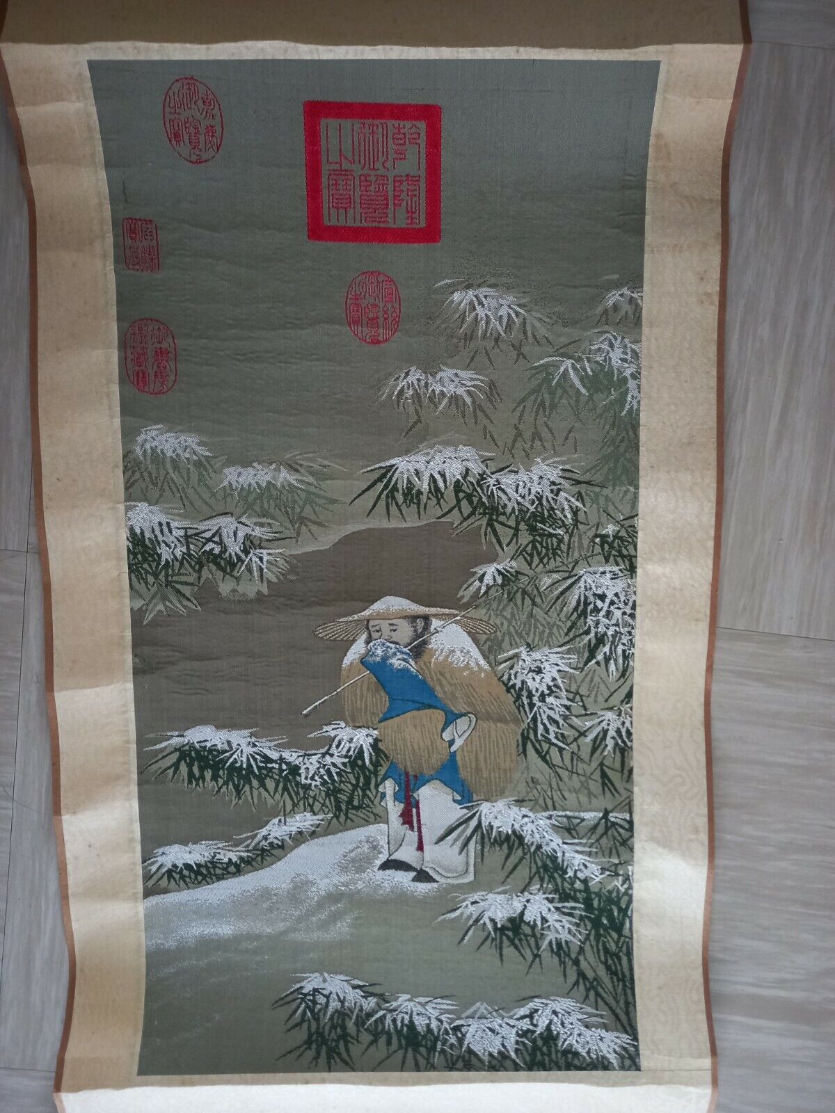Vintage Chinese Tapestry scroll repro  'Fishing on a Snowy Day'  ( 907-959 AD)
