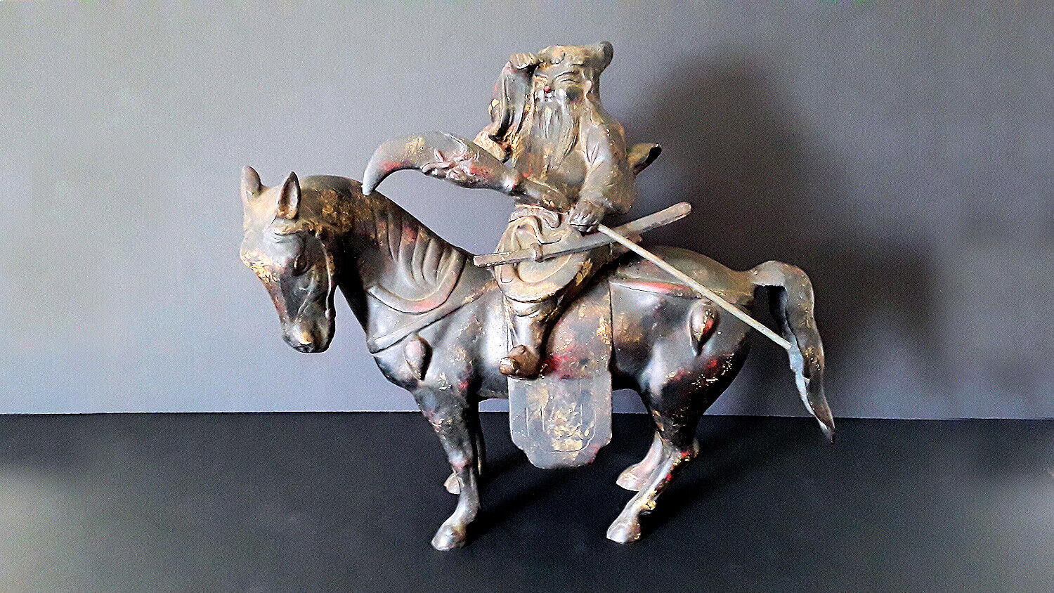 Meiji Period Sculpture - Antique Cast Iron - Guan Gong Warrior on Horse - RARE