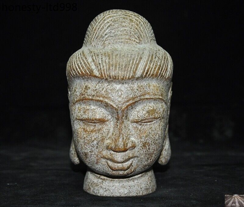 7"Chinese natural old jade stone hand carved Kwan-Yin guanyin buddha head statue