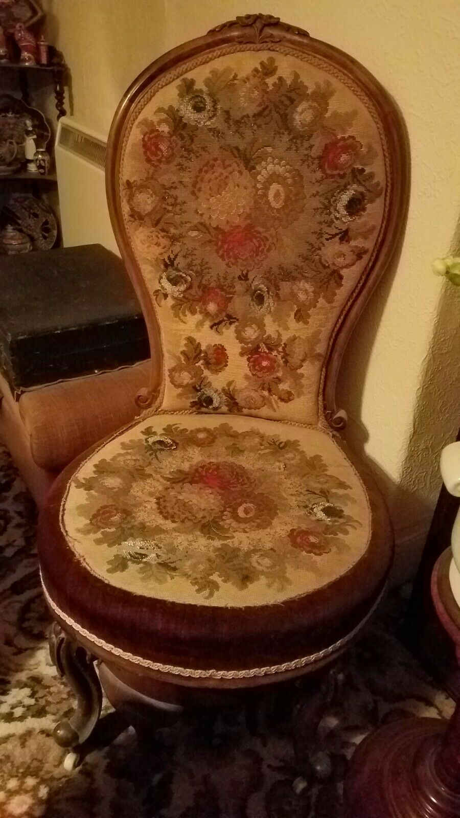 ANTIQUE MAHOGANY NURSING SIDE CHAIR HAND SEWN BEADED TAPESTRY SEAT & BACK
