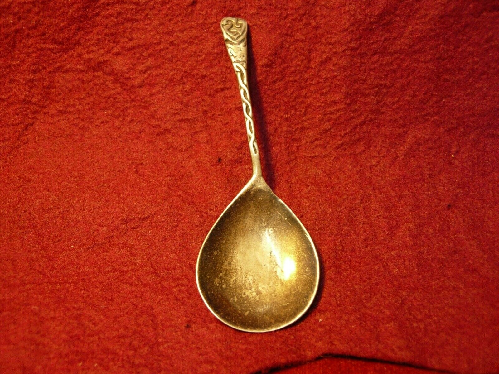 1953 Silver Caddy spoon . Celtic style . Maker Sydney & Co. Hammered bowl