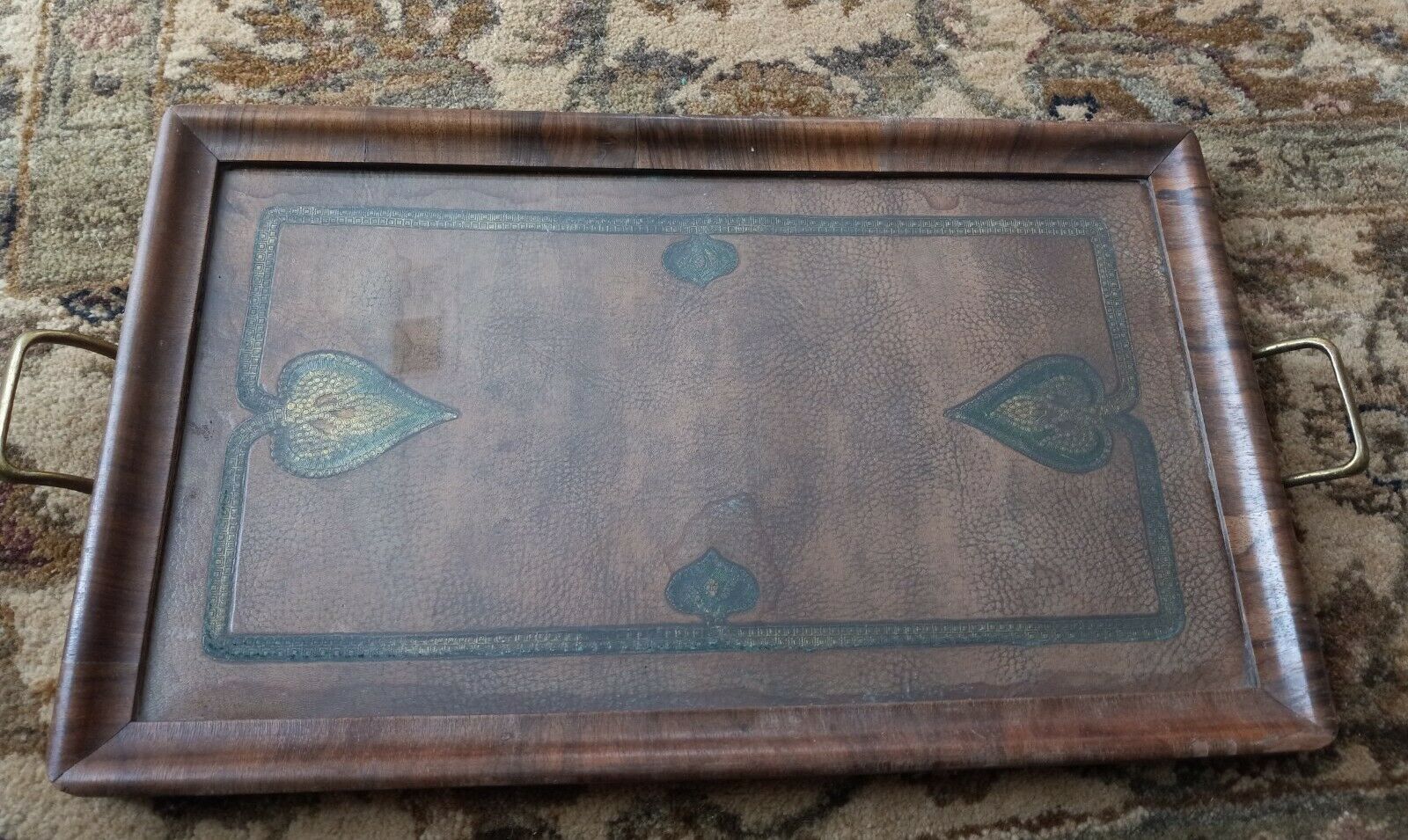 Art Deco 1920’s Royal Rochester Double handle tray. Glass Wood Tooled Leather.