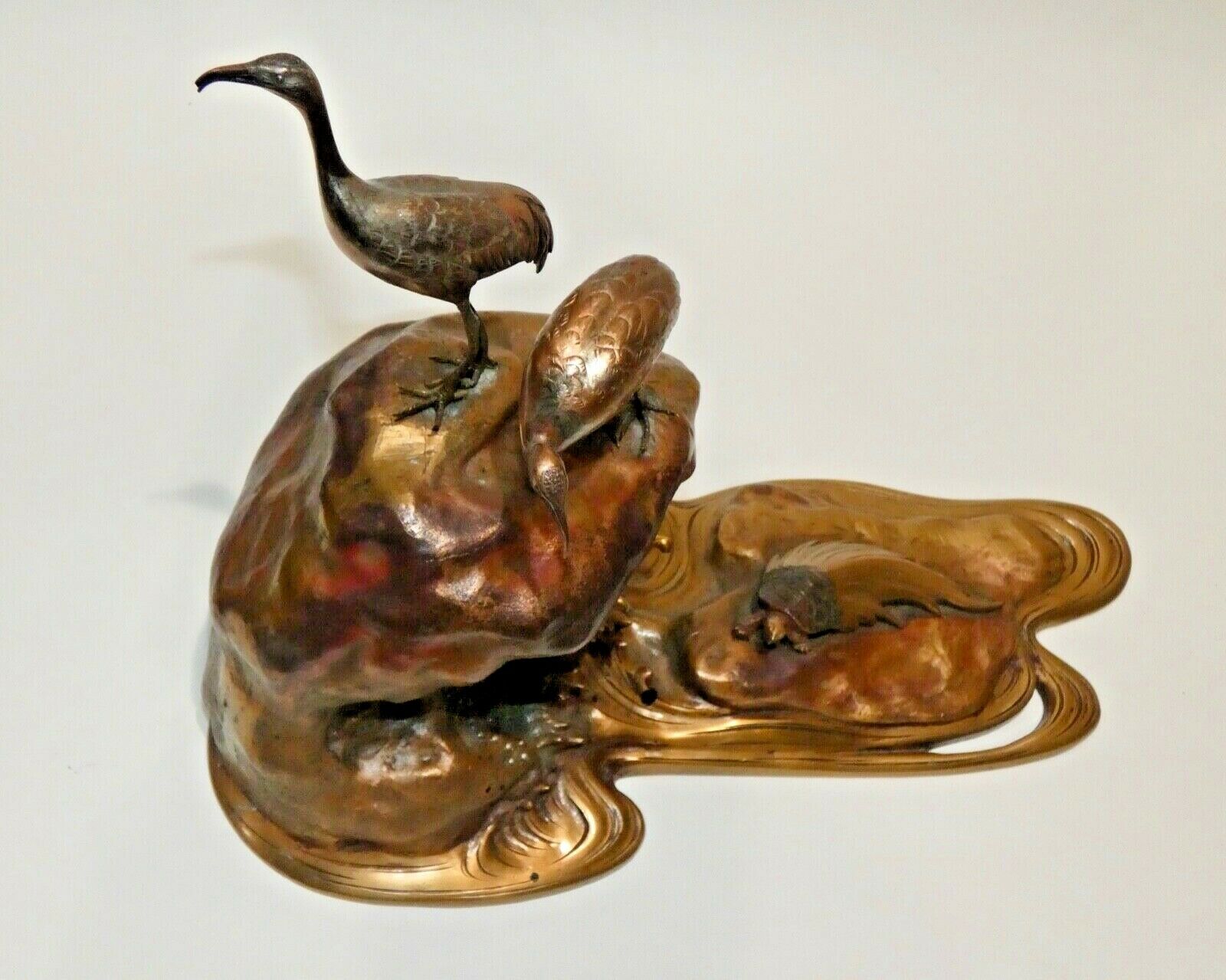 MEIJI/TAISHO Japanese Bronze Crane, Turtle & Wave Okimono Figurine RARE ANTIQUE