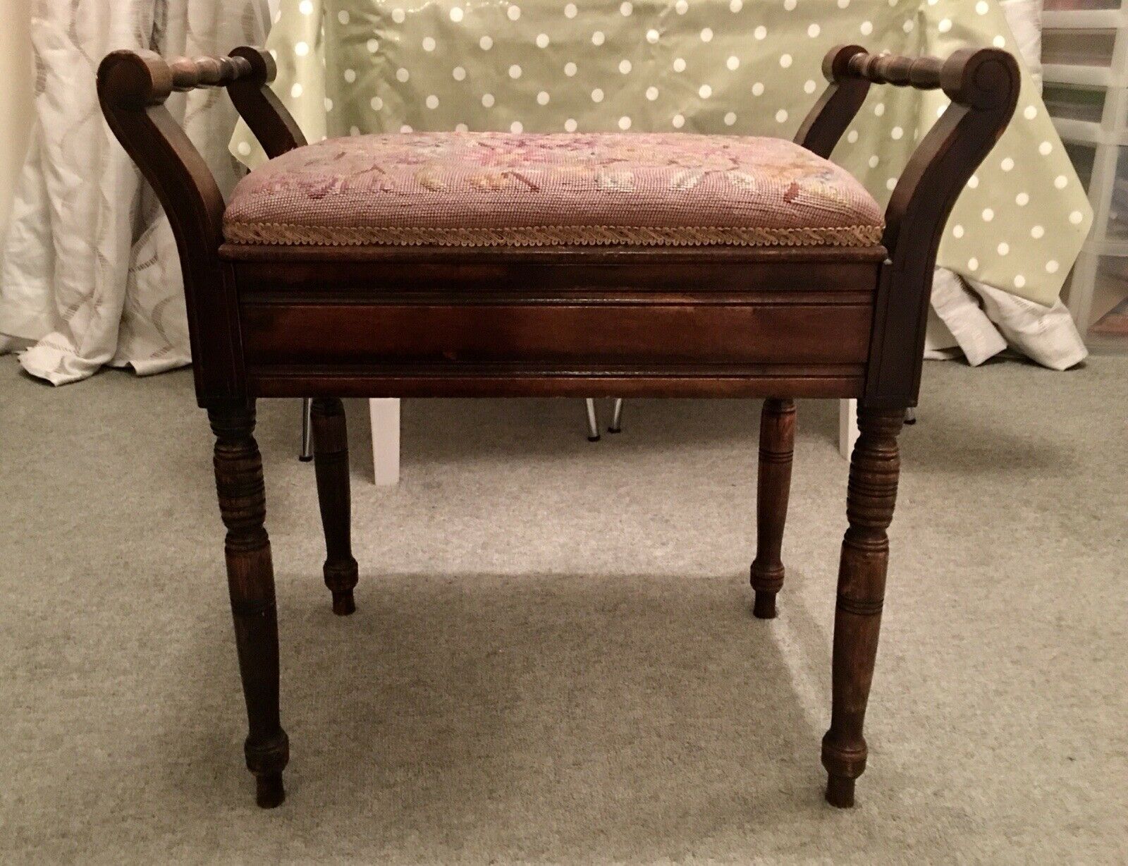 Antique Piano Stool with Tapestry Lift-Up Seat and Storage