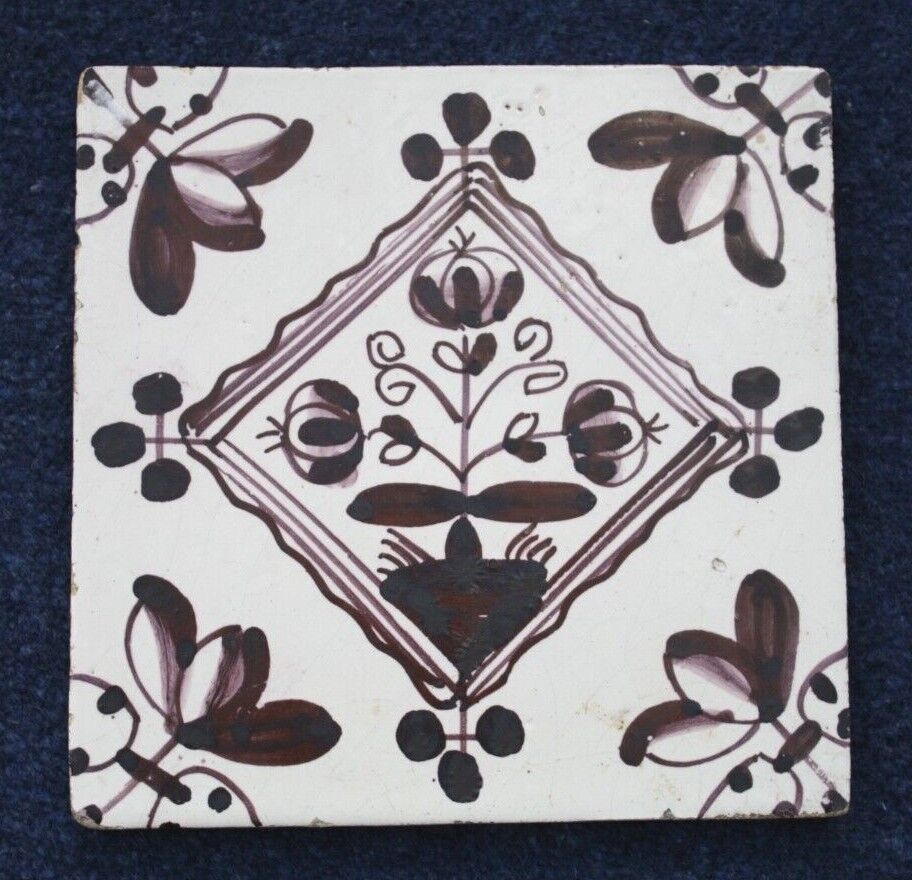 Antique 18th Century Dutch Delft Manganese Tin Glaze Tile Vase of Flowers Design