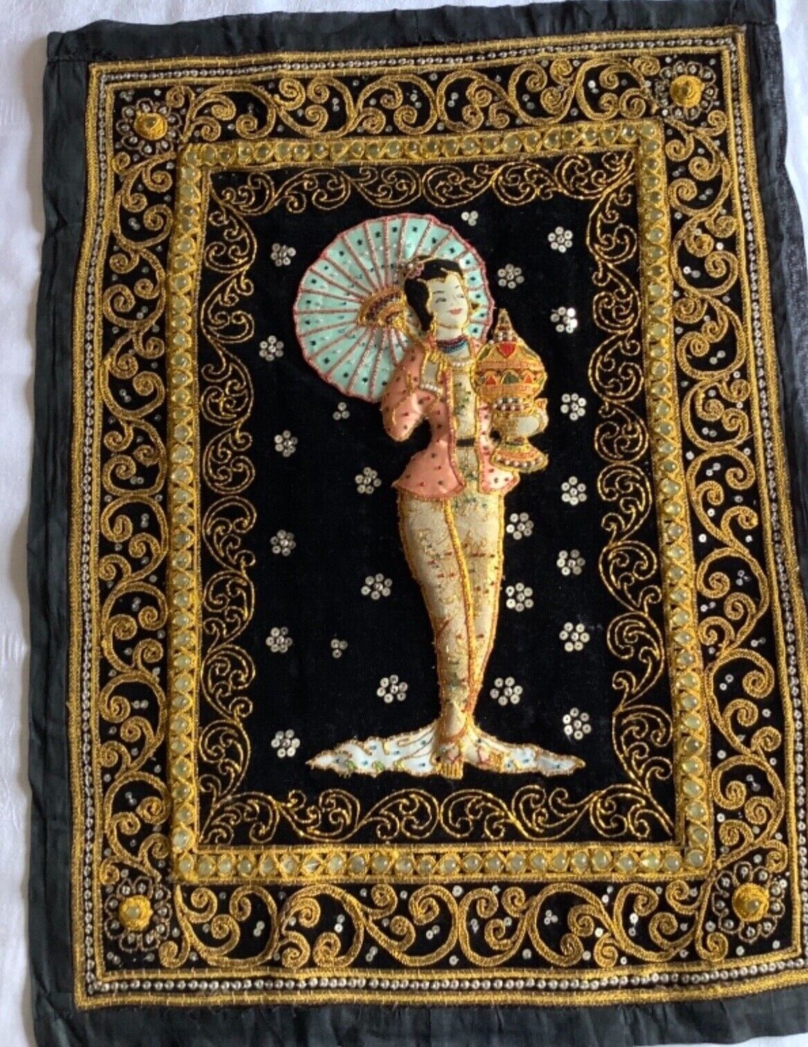 Vintage Burmese Kalaga Tapestry 64x49cm Hand Embroidered, Glass Beads, Sequins.