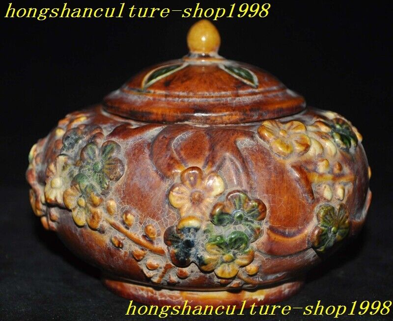 China Ancient Tang Sancai pottery carved plum bossom statue Tanks Crock pot jar
