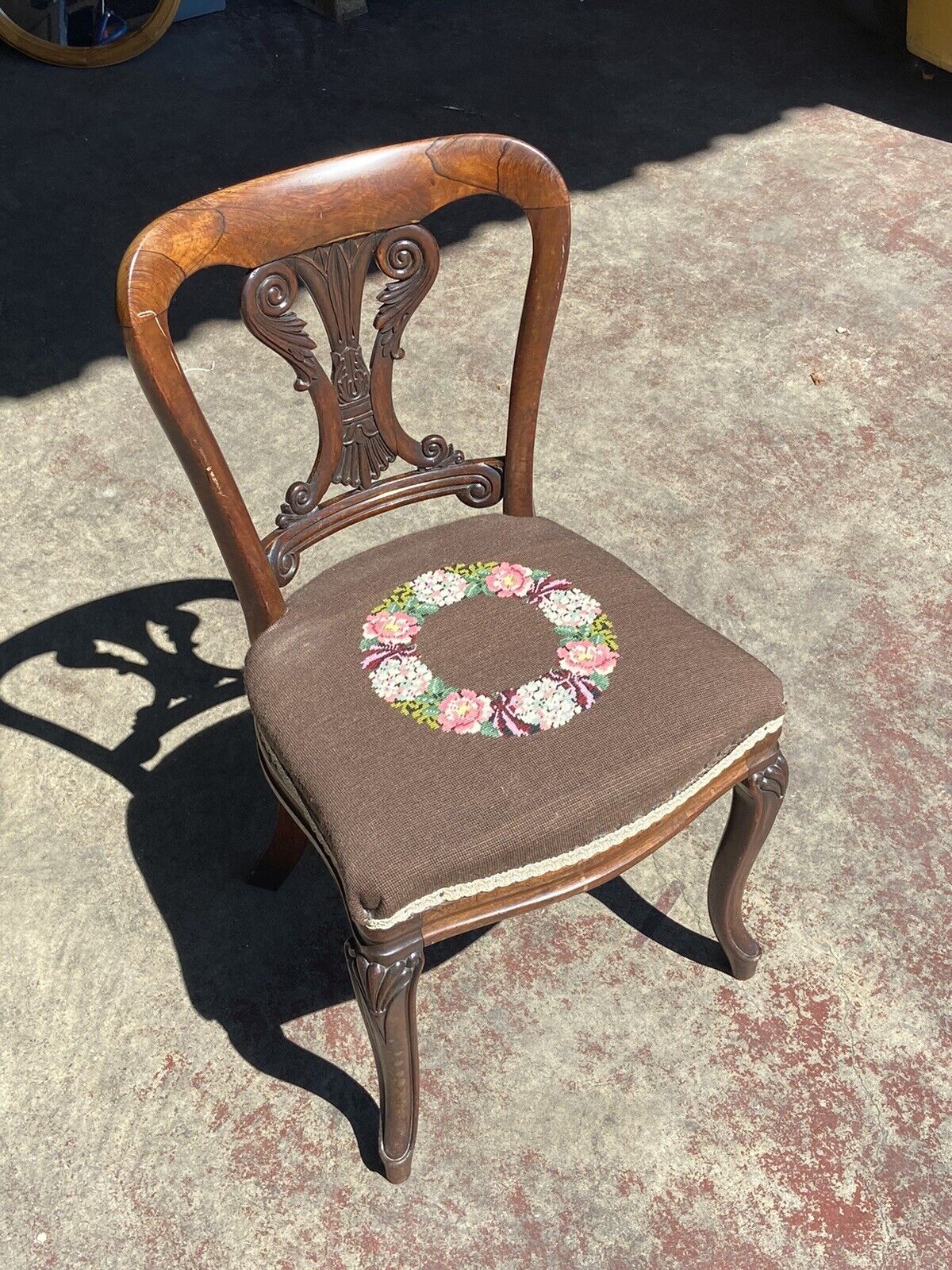 Wooden Antique Chair with Tapestry Seat