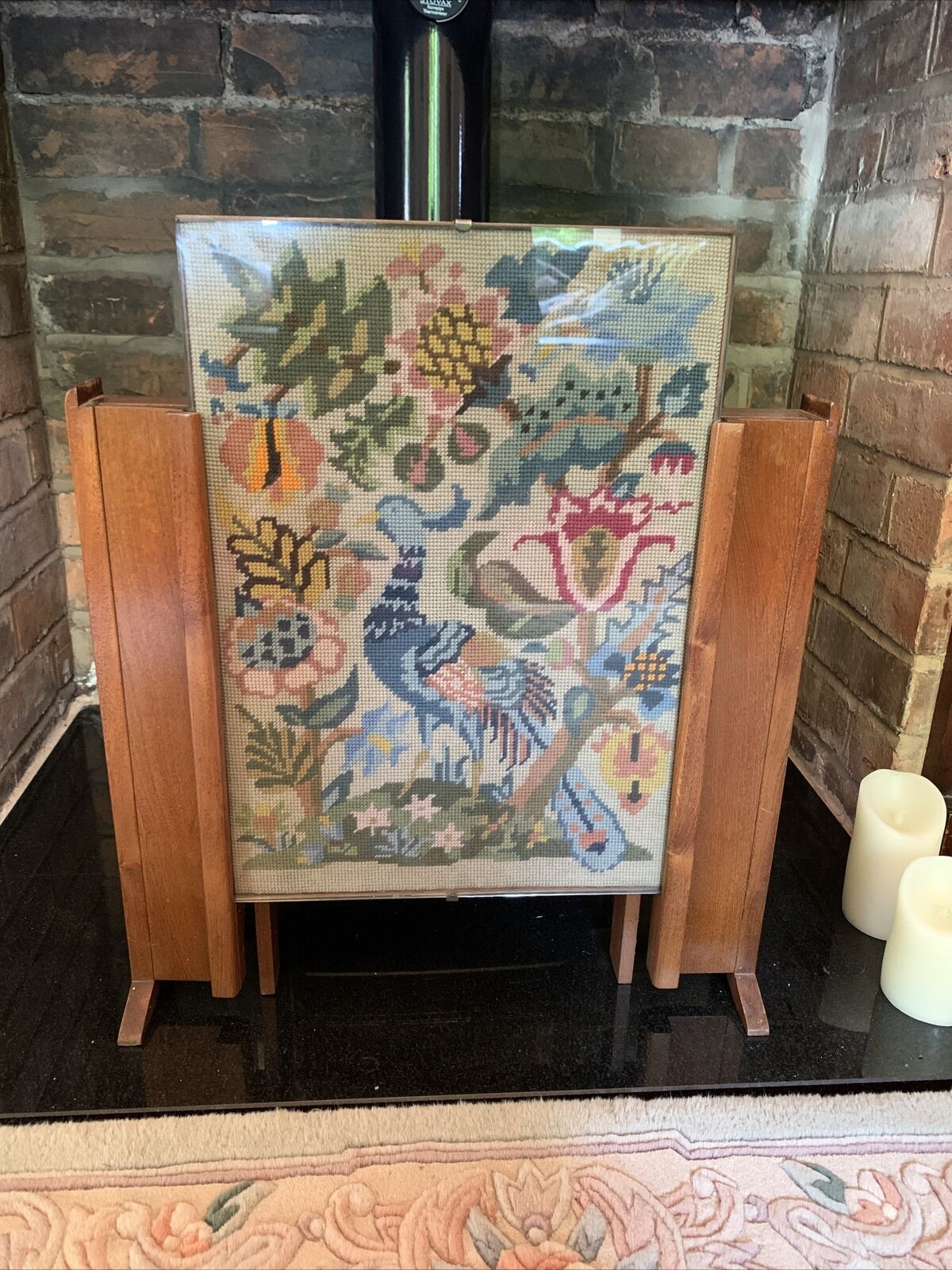 Vintage Arts & Crafts embroidered fire screen fold away table oak Tapestry Guard