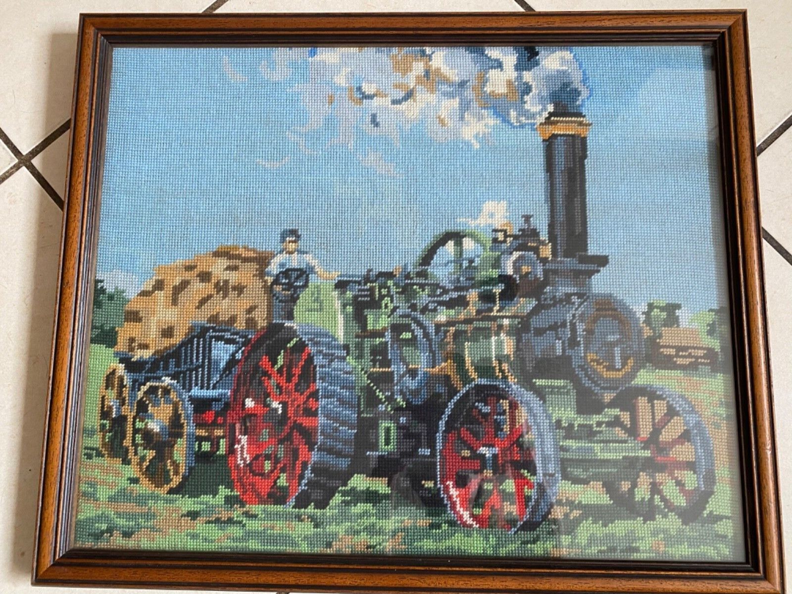 FRAMED TAPESTRY STEAM TRACTOR ENGINE 24 INCH BY 20 INCH OAK WOOD FRAMED RARE