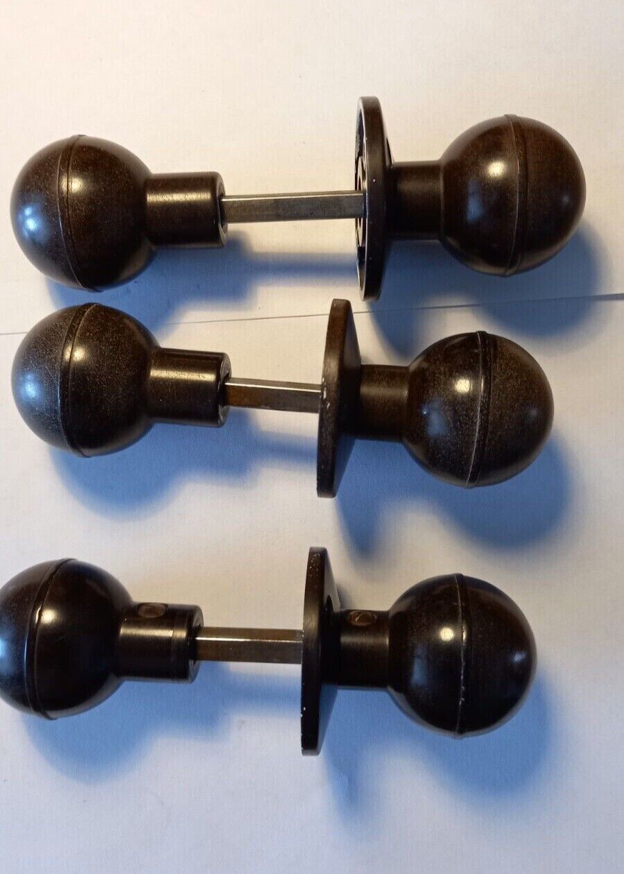 3 x pairs round bakelite door knobs with backplates