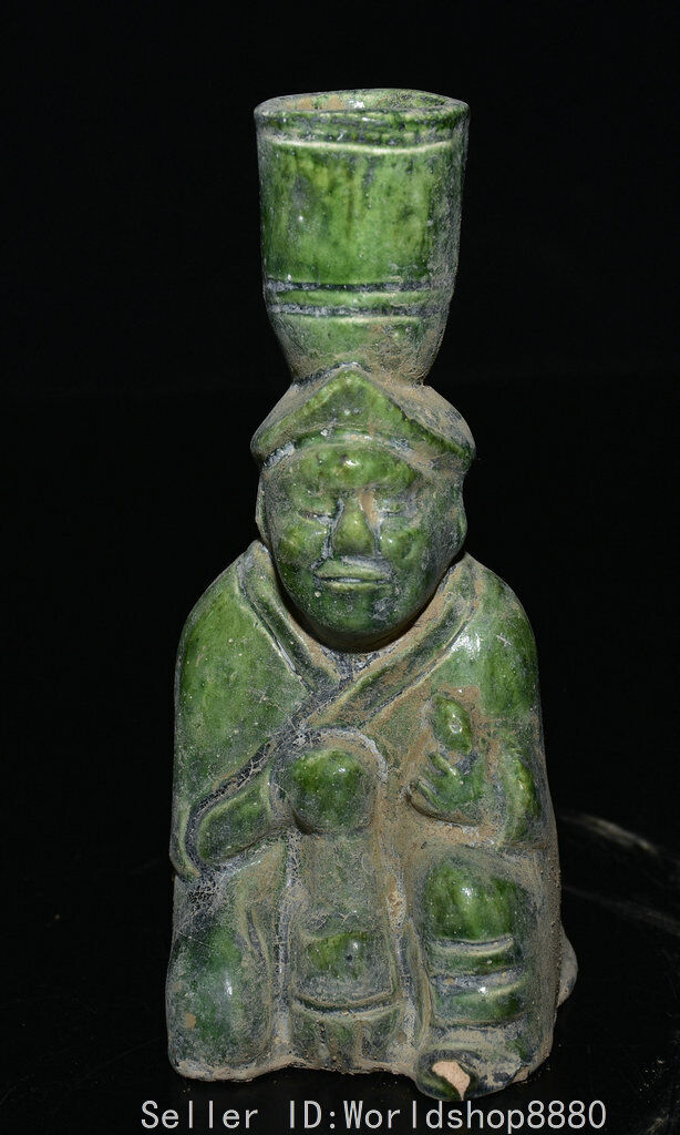 5.4" Chinese antique Green glaze Pottery Porcelain man cup statue sculpture