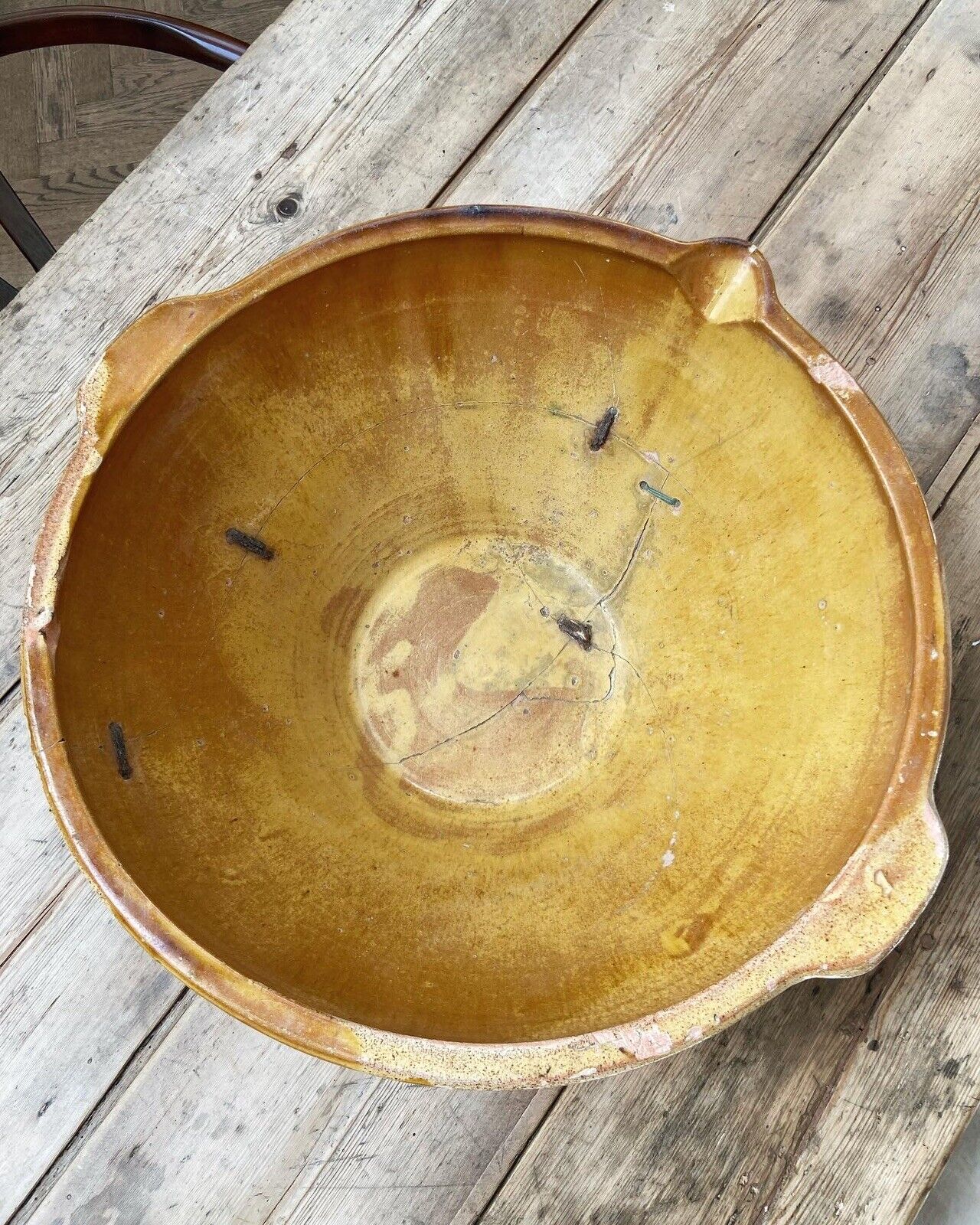 Beautiful Large Antique French Ochre Tian Terracotta Kitchen Dairy Bowl