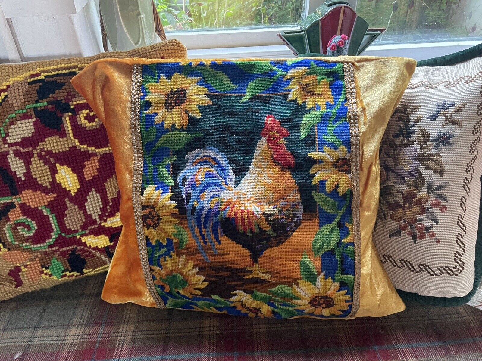 vintage needlepoint chicken cushion cover