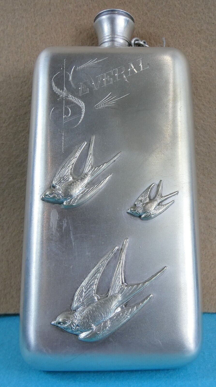 Victorian Sterling Silver Hip Flask Swallows Birds Aesthetic Movement C 1885