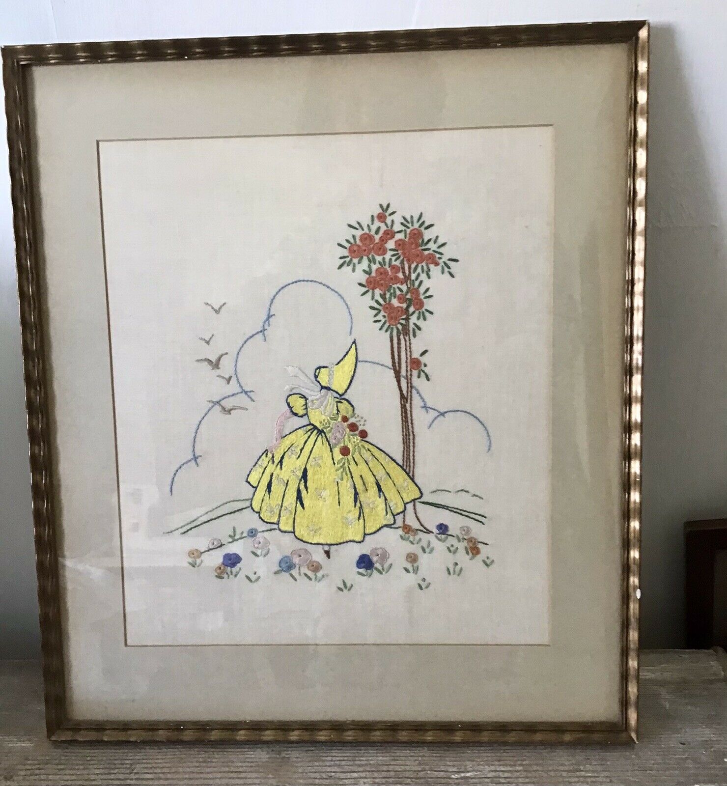 vintage hand embroidered crinoline lady picture 15x17 inch
