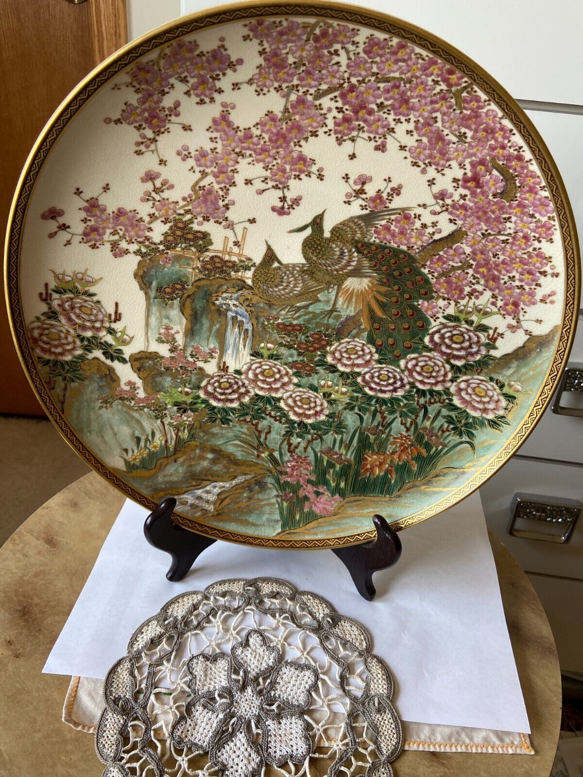 JAPANESE  SATSUMA  12 INCHES CHARGER WITH PAIR OF PEACOCKS AND FLOWERING BUSHES