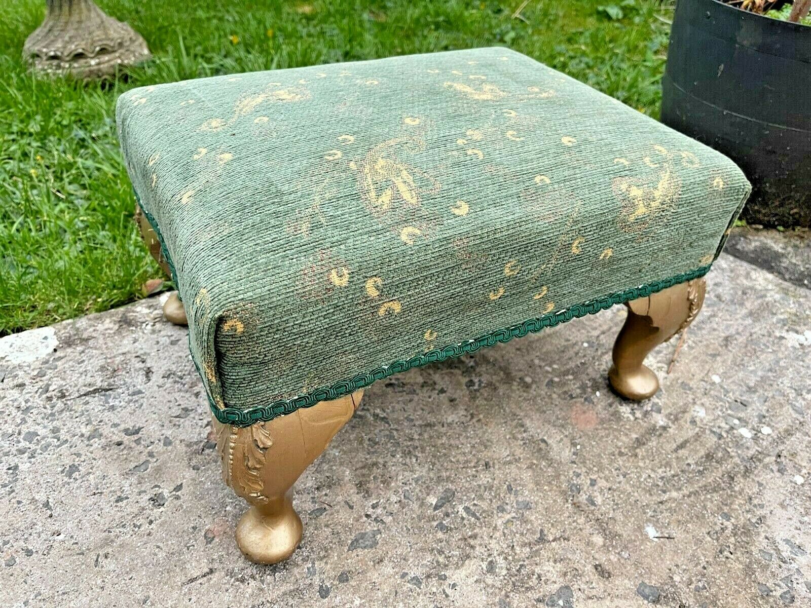 Vintage Wooden Footstool Foot-Rest Green & Gold Tapestry Design - 10in Tall