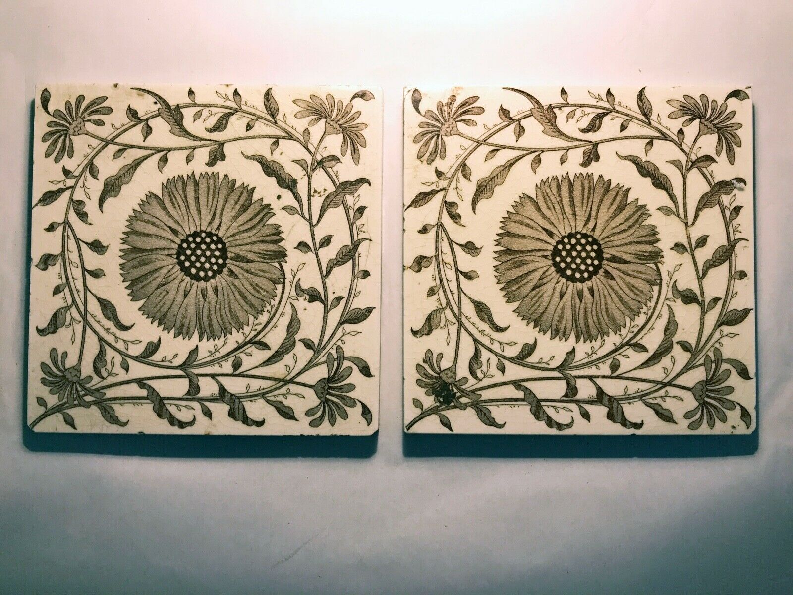 Vintage Antique Mintons Transfer Printed Aesthetic Movement Sunflower Tiles x 2