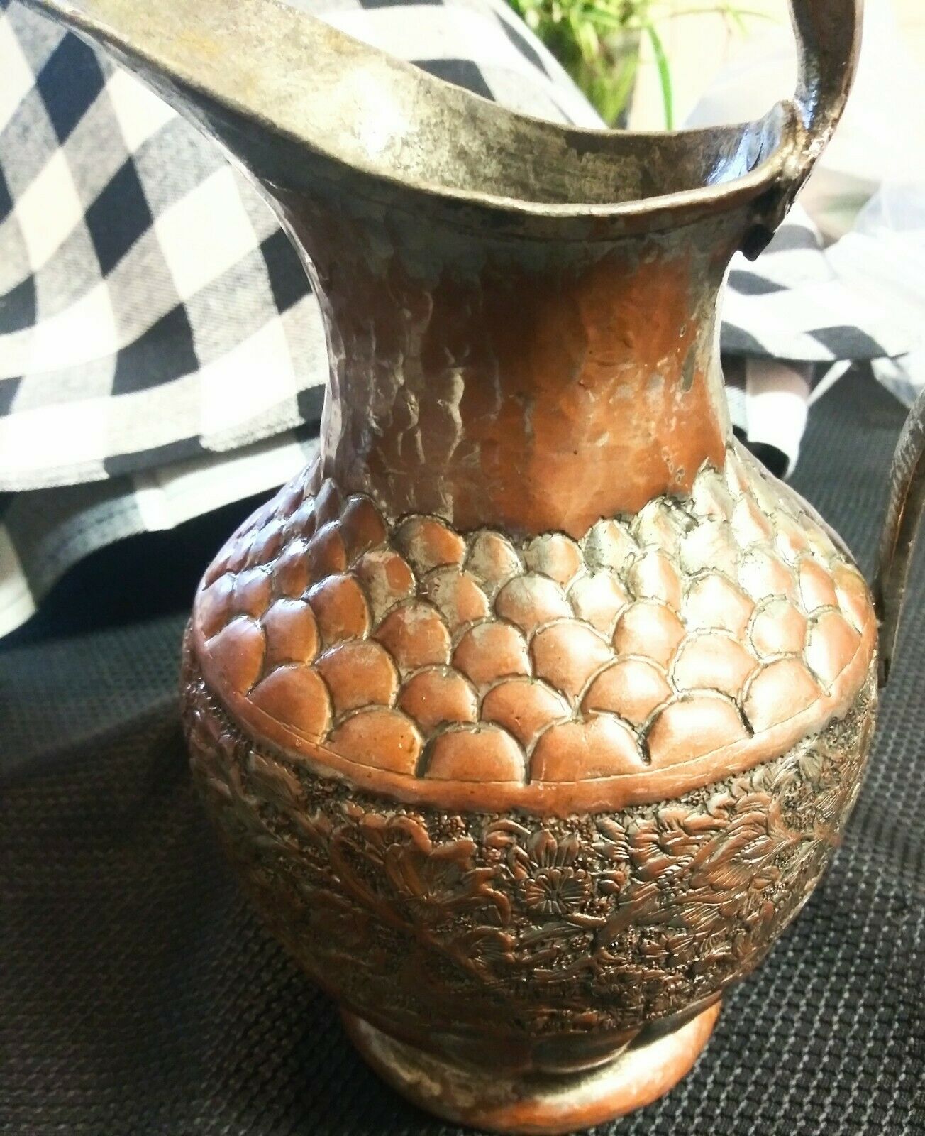 VERY RARE VINTAGE ANTIQUE HAND HAMMERED ORNATE COPPER AND TIN PITCHER