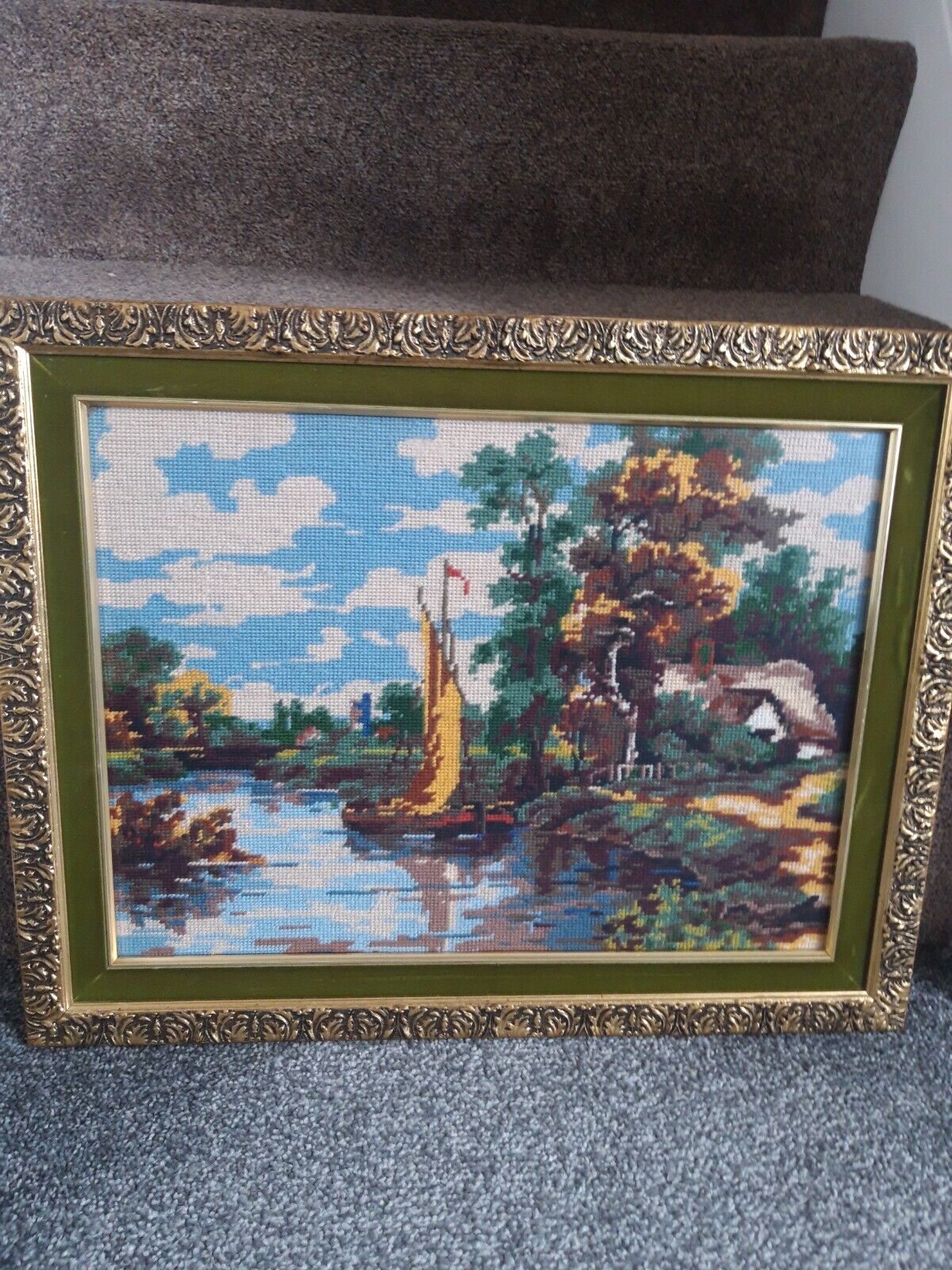 Vintage Gold Framed Tapestry Colourful Lake Scene  60x48cms, Green Velvet Border