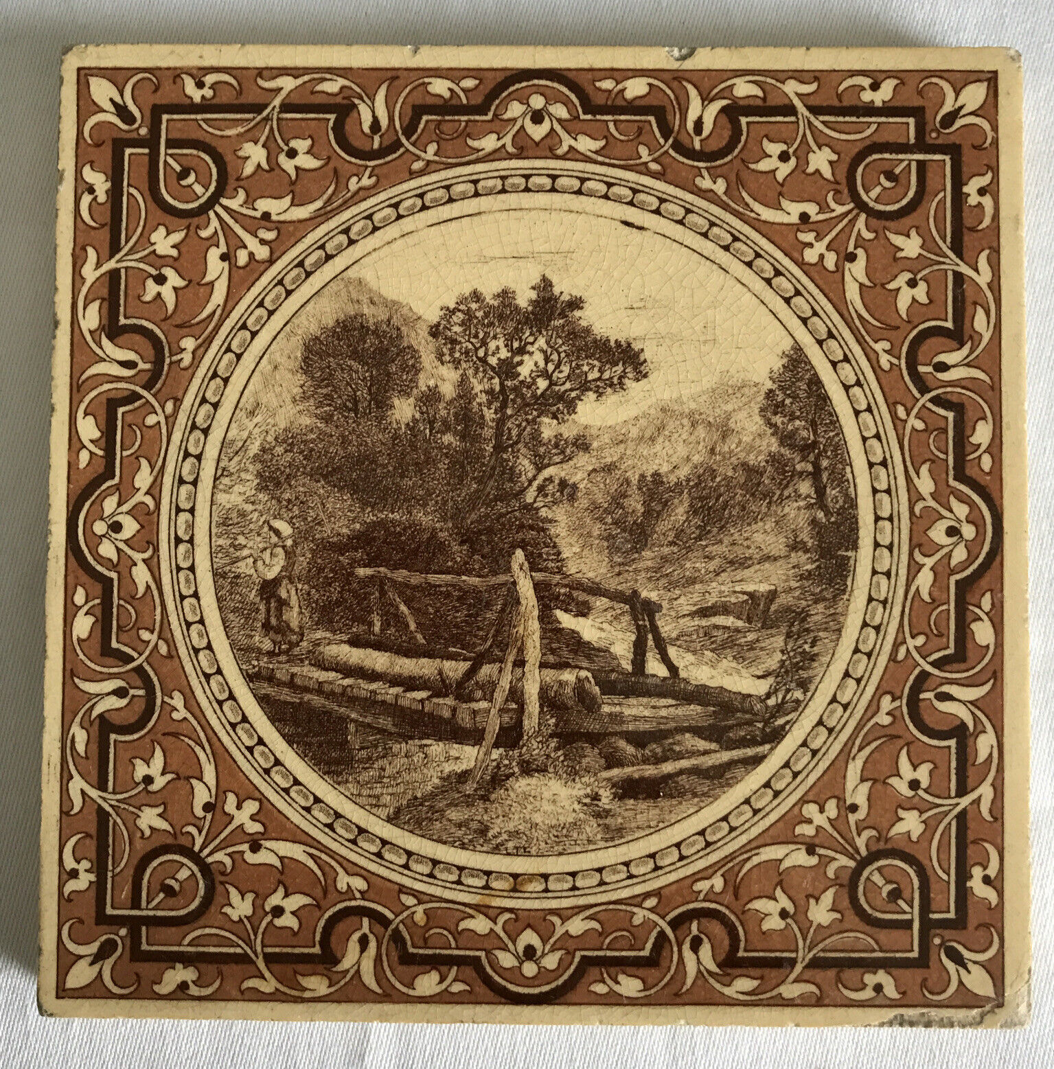 Mintons Landscape Series Antique c.1890 Victorian Transfer Print Tile 6” Square