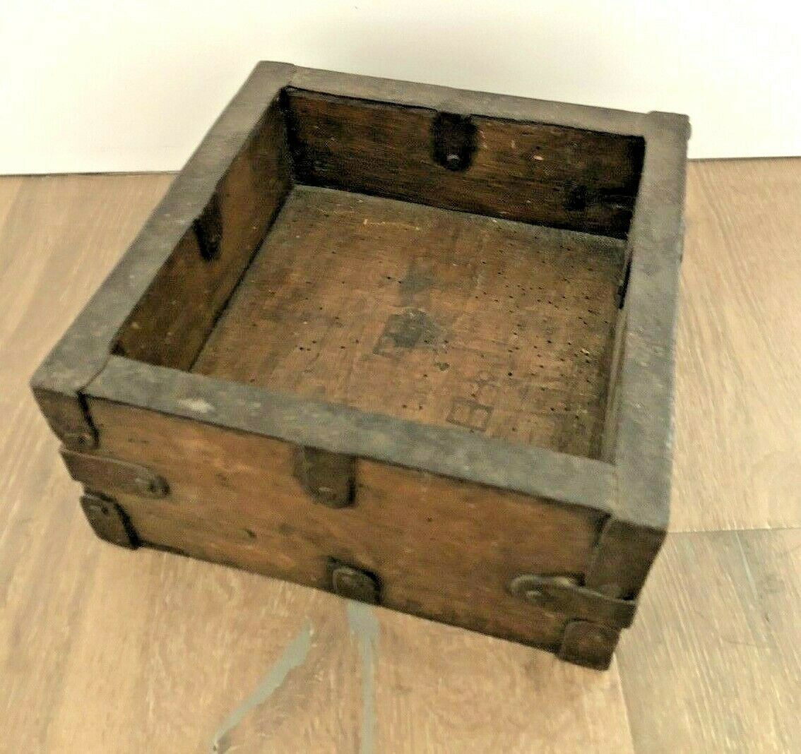 Antique European Dry Grain Measure Primitive Box Late 19th C. Wood + Metal
