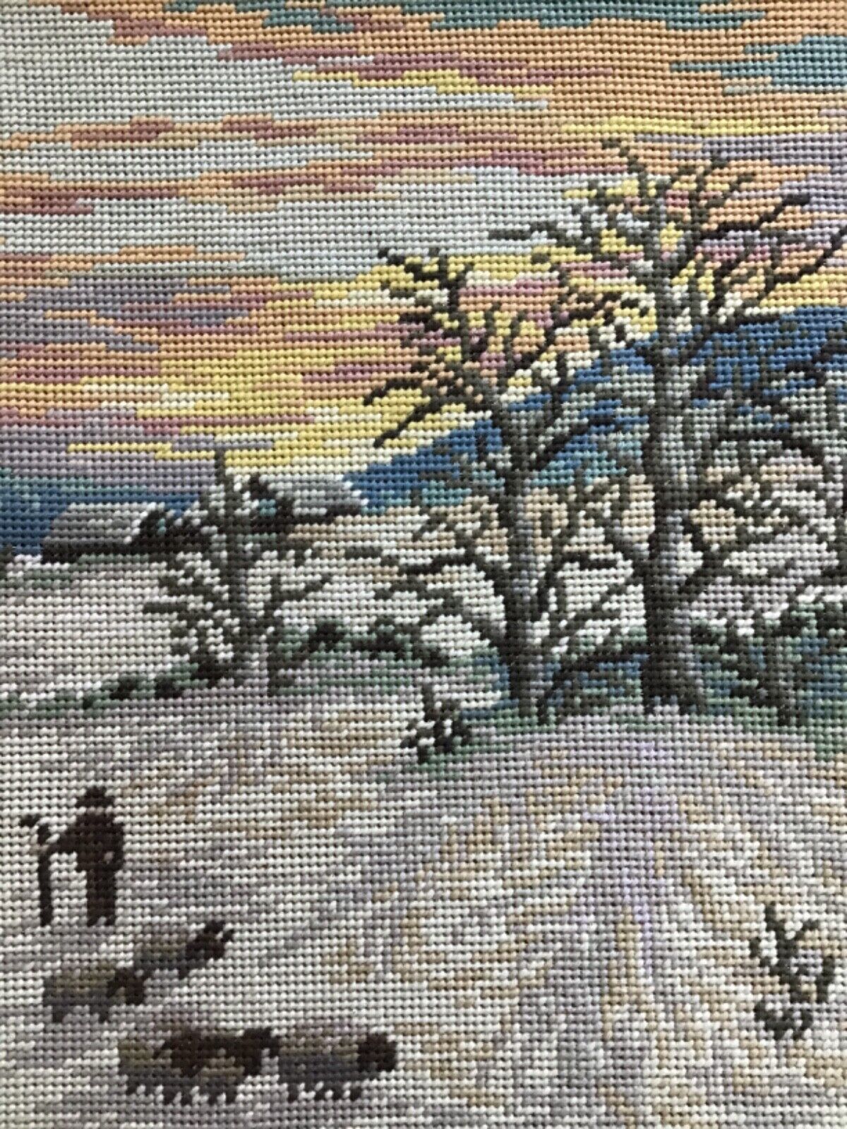 Vintage Completed Unusual Tapestry - Winter Sunset w Shepherd & Sheep 14” x 19”