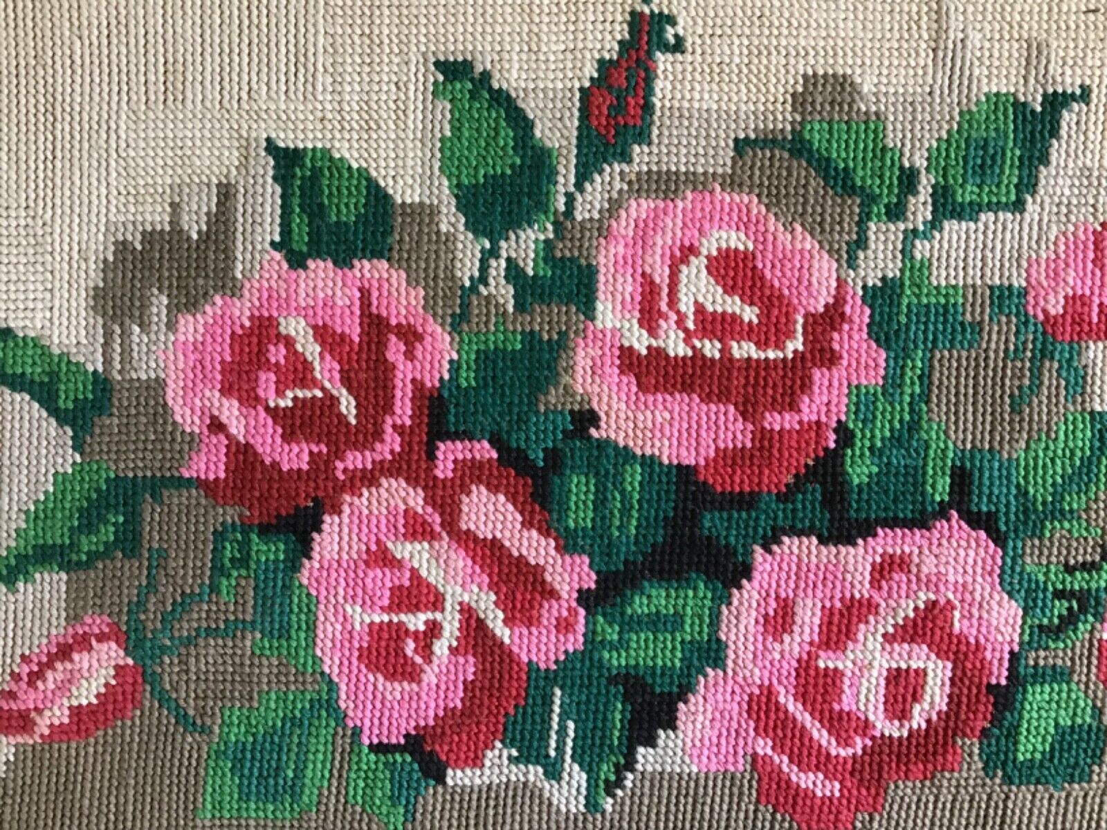 Vintage Completed Wool Tapestry - Still Life Roses 18” x 10”
