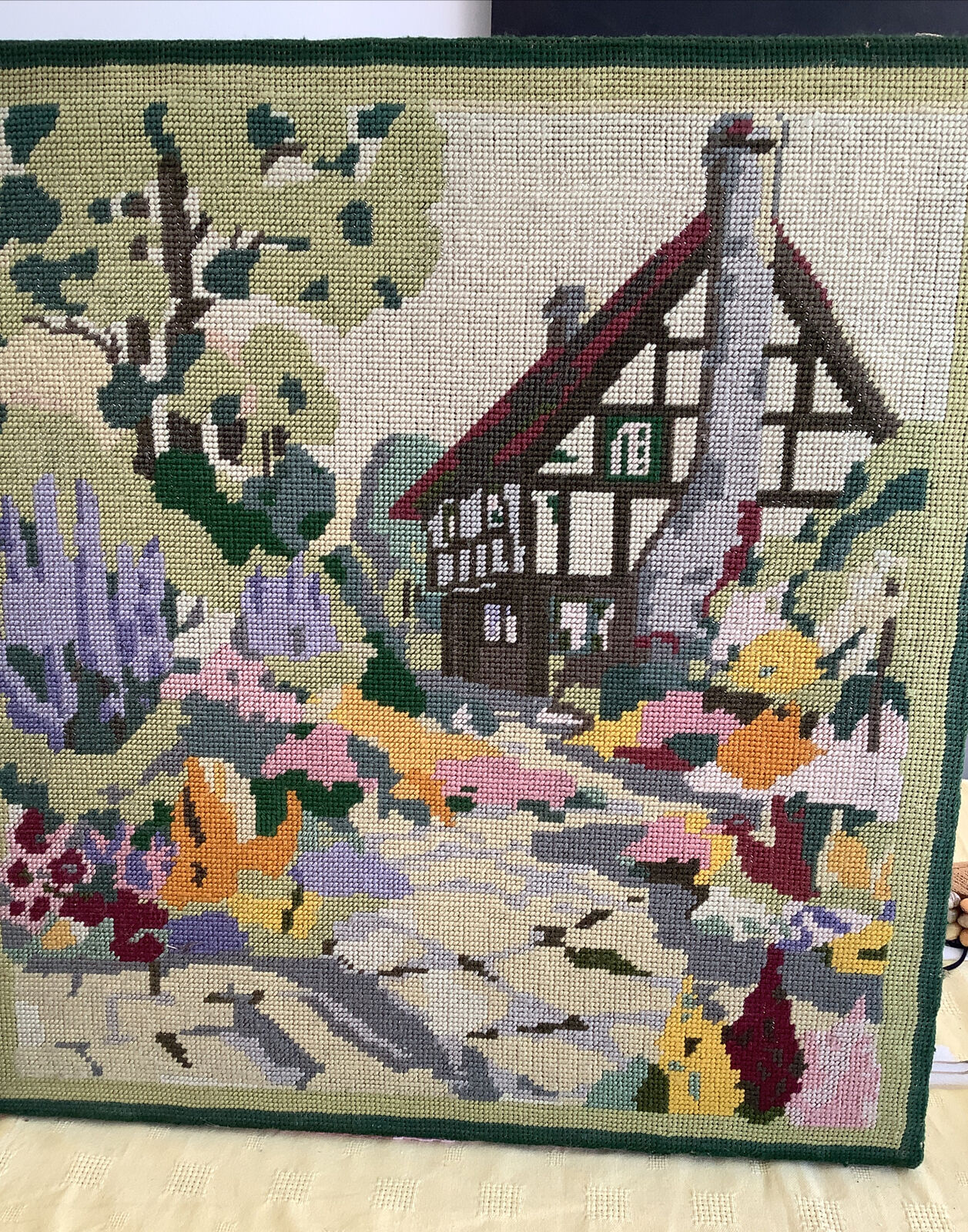 Vintage Completed Tapestry - Country Cottage Garden, Penelope 21” x 20”