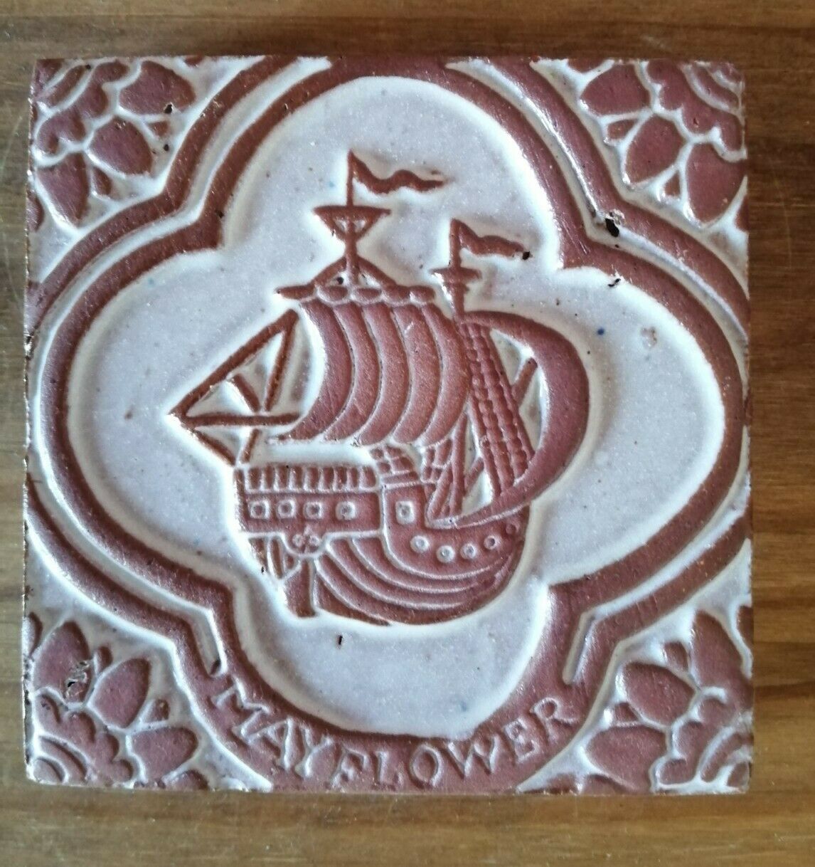 vintage terracotta tile of the  mayflower ship c1995