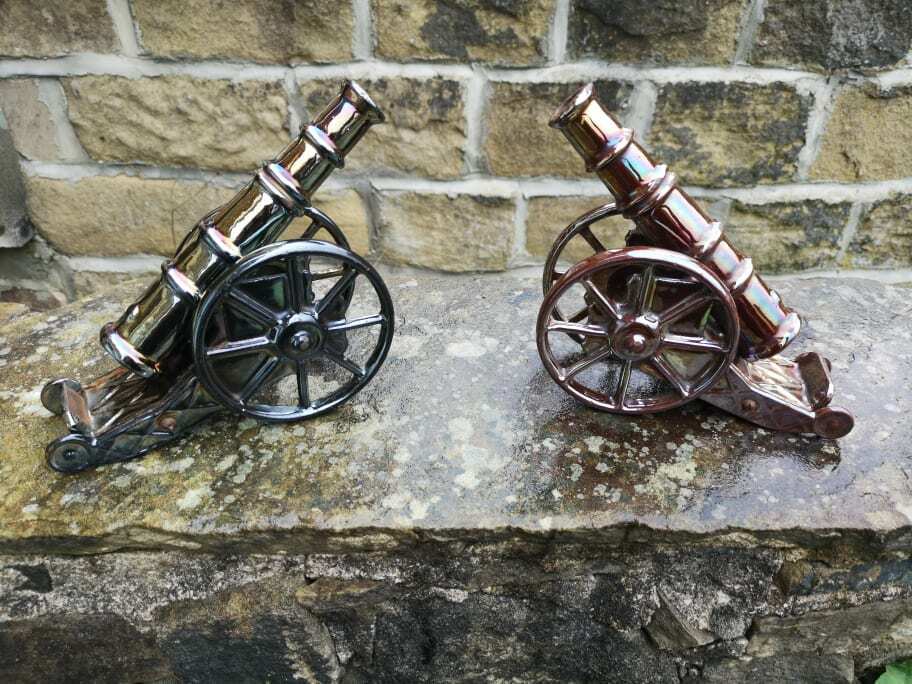Pair of Vintage Cast Iron Lustre Ware Cannon Fireplace Poker Stand Door Stops