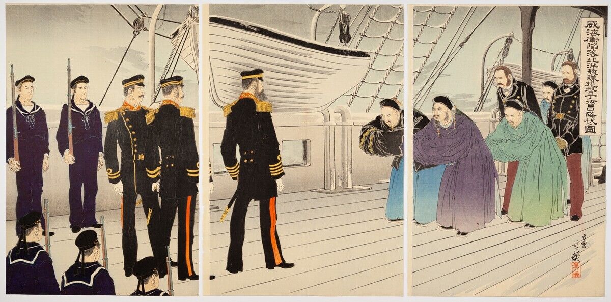 Naval Triptych, Meiji War, Ukiyo-e, Antique, Original Japanese Woodblock Print
