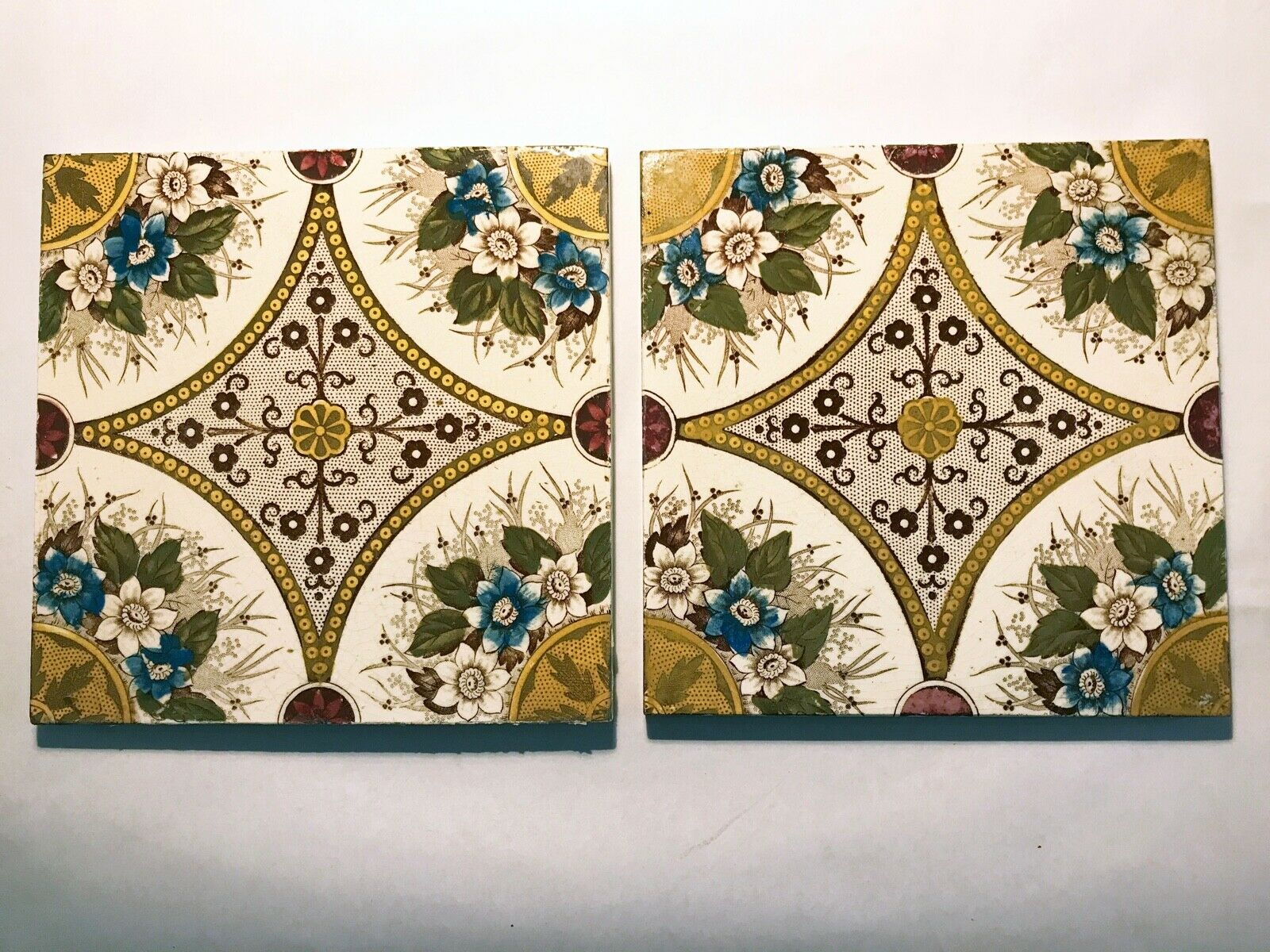 Vintage Antique Transfer Printed Floral Design Tiles x 2, Design E555 c.1800s?