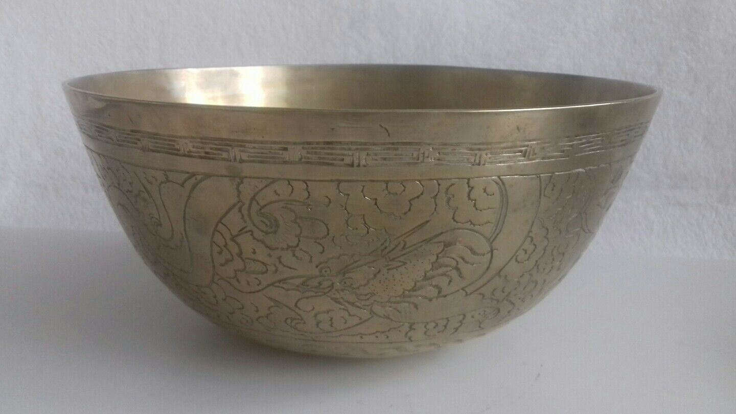 Large Antique Chinese Ming Xuande Brass Charger Bowl Engraved Dragon Phoenix