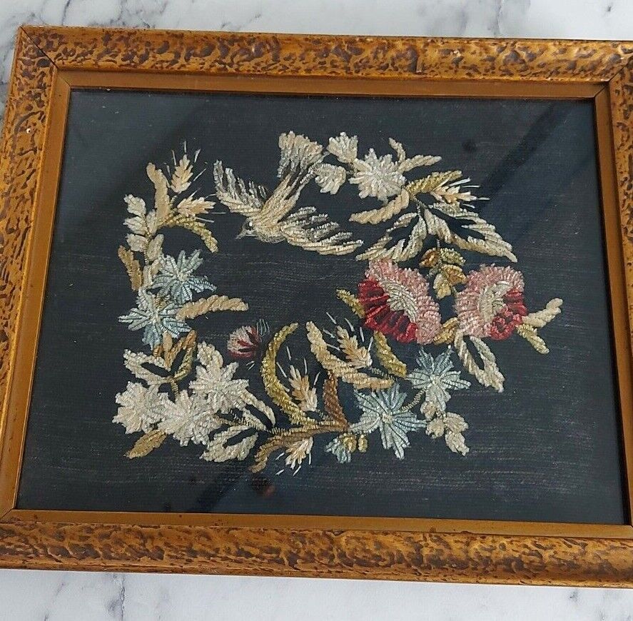 Antique Victorian chenille silk embroidery framed mourning birds botanical