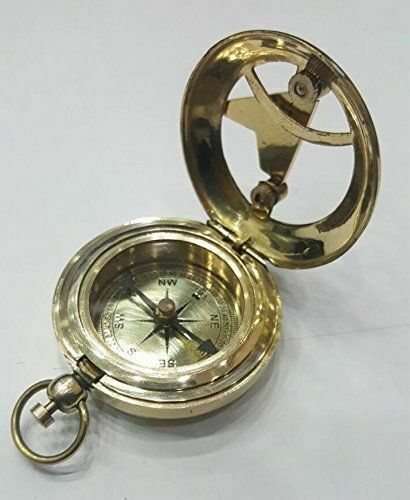 Vintage Camping Hiking Pocket Compass Solid Brass Push Button Pocket Sundial