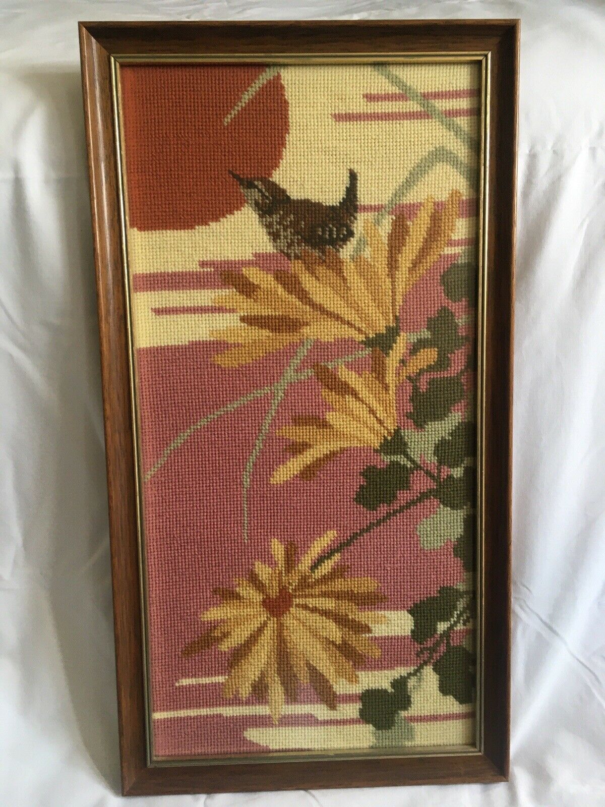 Vintage Framed  Tapestry Japanese Style Wren bird flower