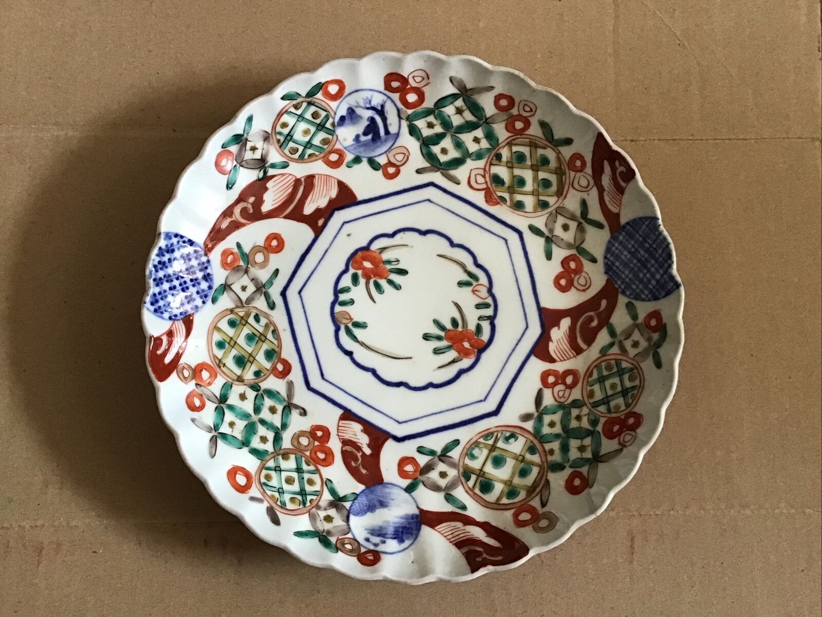 Antique Japanese Fukagawa Porcelain dish Meiji Fuji Mt stream Mark repaired