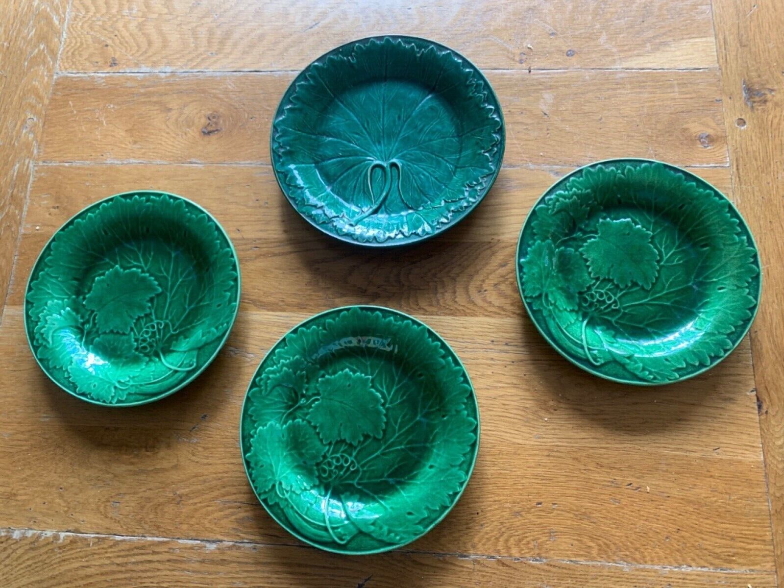 4 French art pottery Montereau Faïence Green Glazed Majolica Leaf Plates 1890s