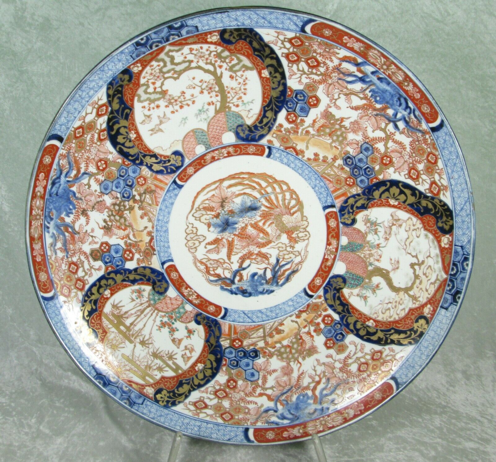 Antique Japanese Imari Charger Plate 24-1/2 inch Diameter Red Blue Cherry Trees