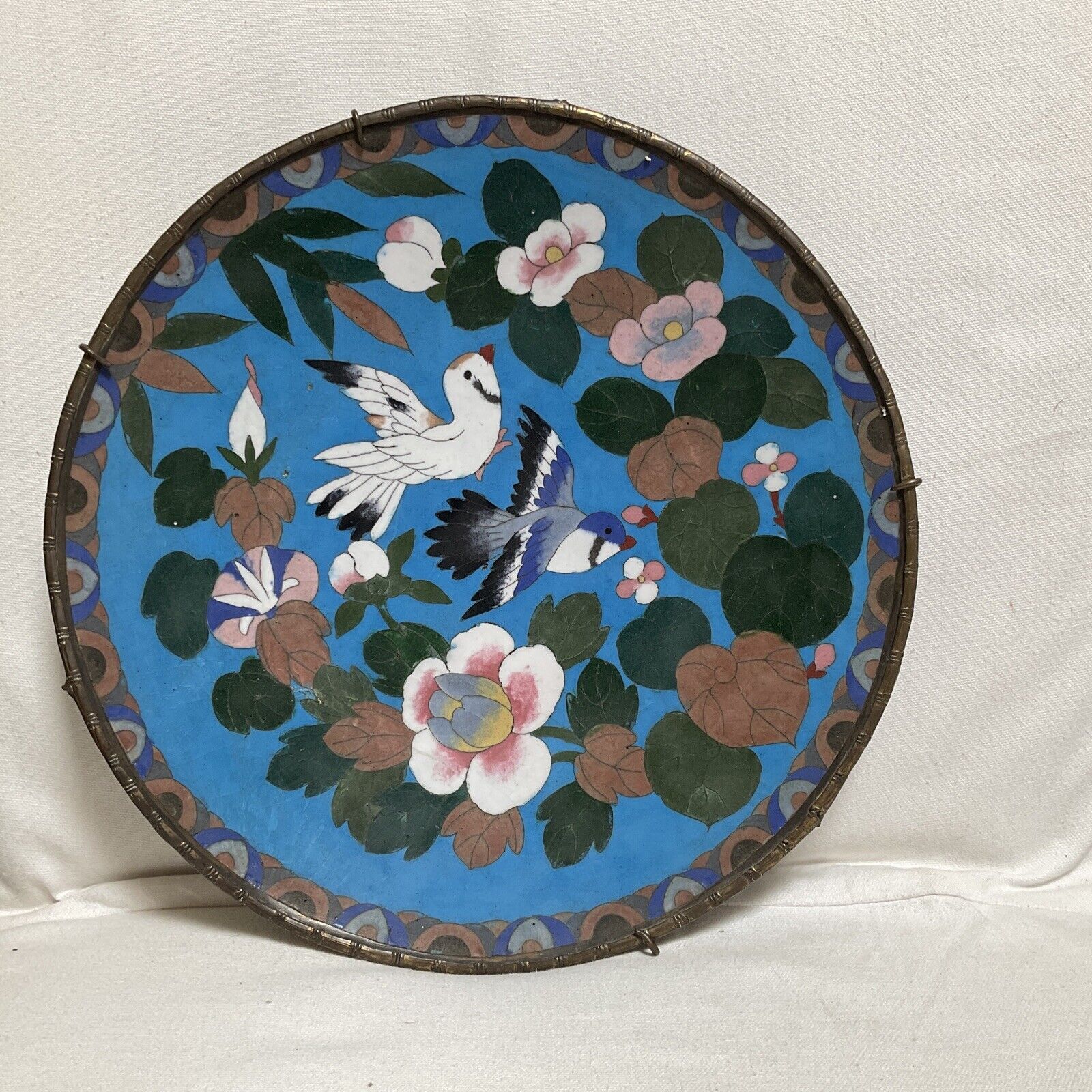 ❄️Antique Japanese Meiji Cloisonne Charger Plate Blue Birds & Water lilies ❄️