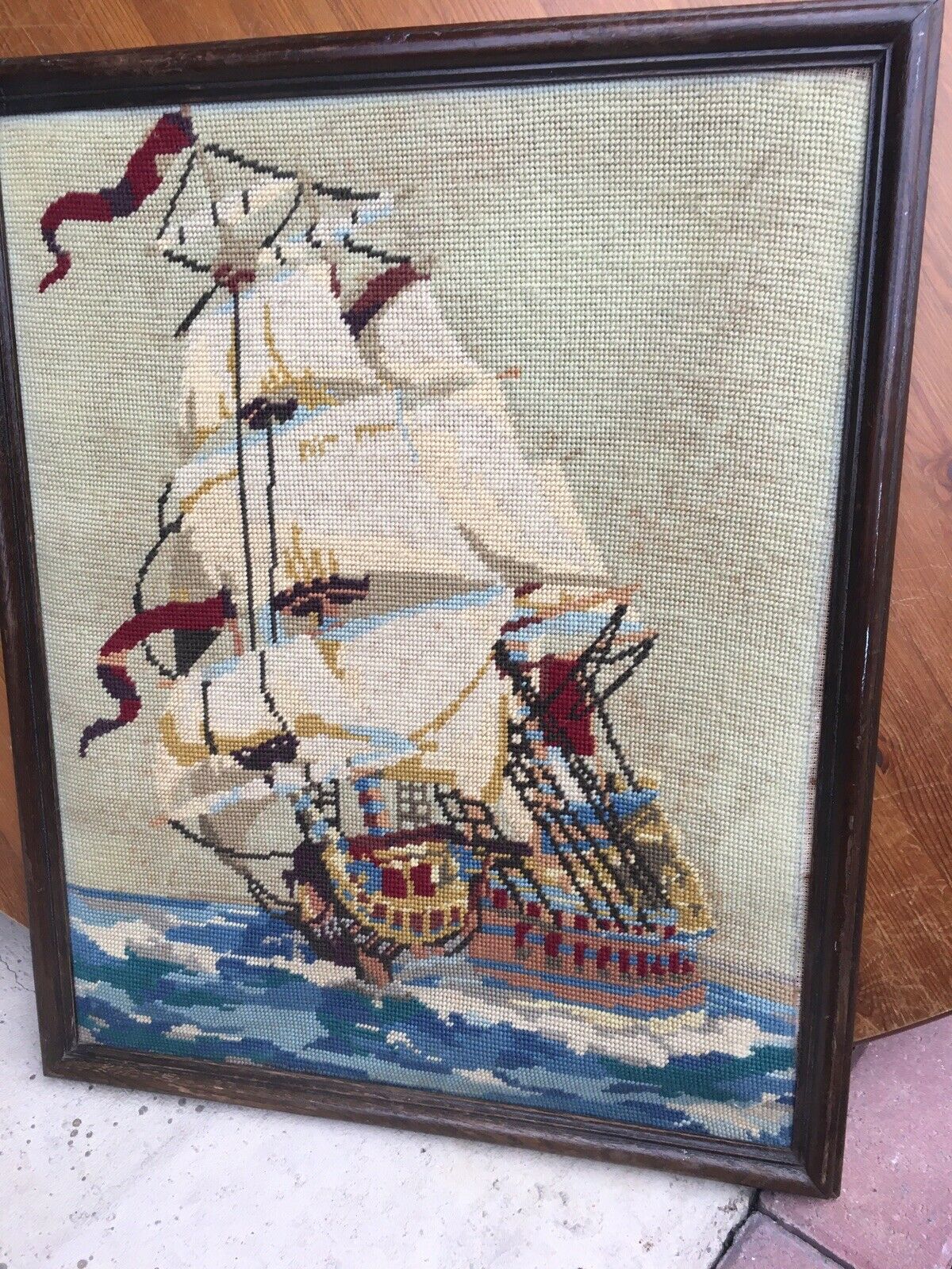 Antique Victorian Tapestry Needlework Tall Ship Framed Great Size