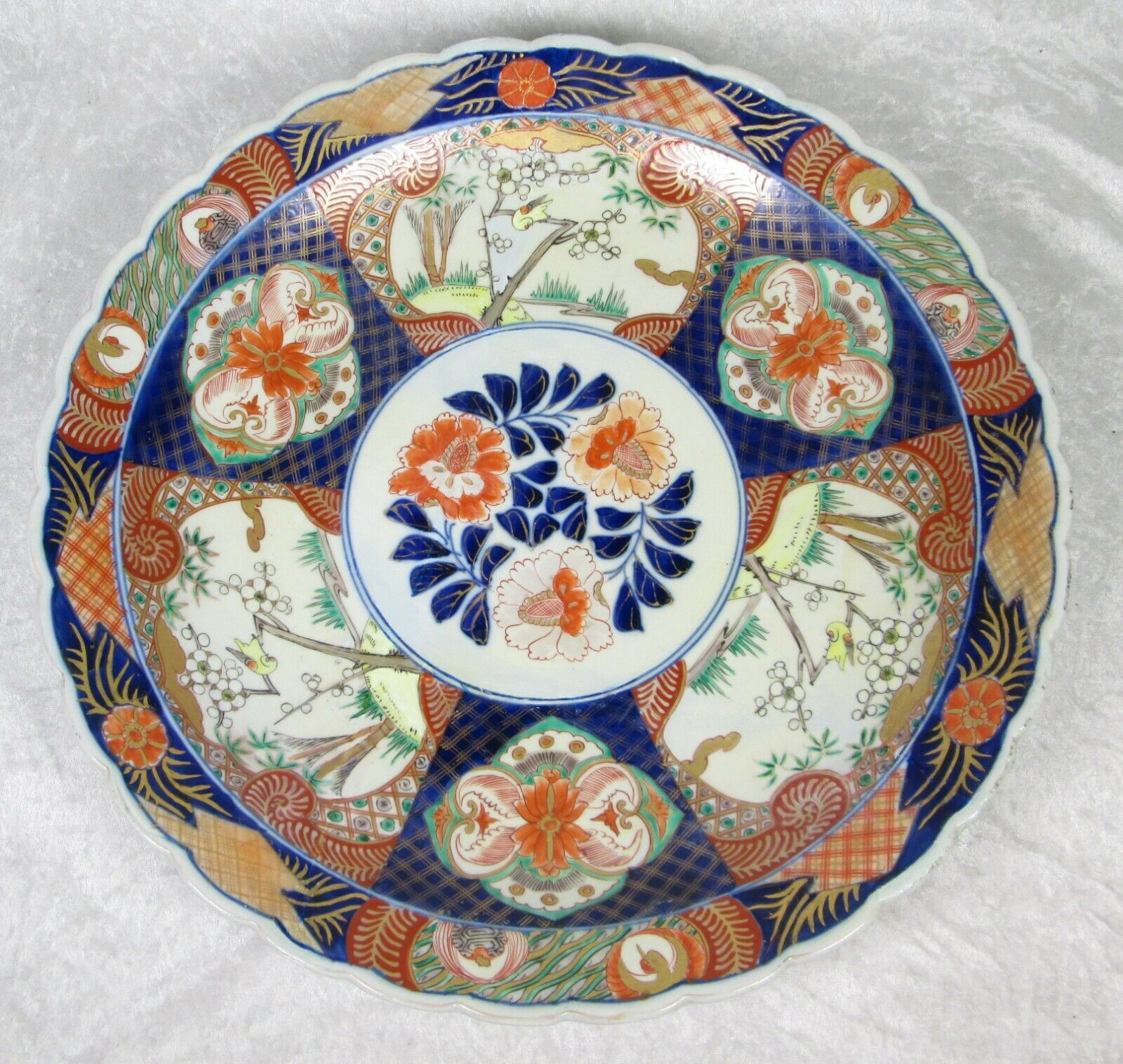 REPAIRED Antique Japanese Imari Charger Plate 16-1/2 inch Diameter Red Blue